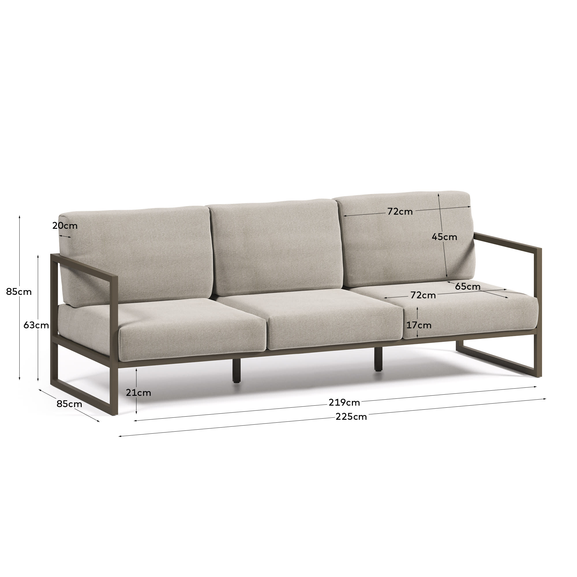 Genießen Sie den Komfort des Comova 3-Sitzer Sofas von Kave Home. Mit elegantem Design, strapazierfähigen Materialien und ideal für jeden Außenbereich.