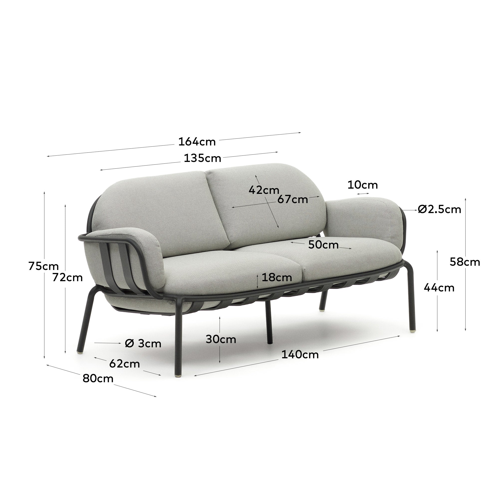 2-Sitzer-Outdoor-Sofa Joncols mit Bezug in Grau aus Aluminium mit grün lackiertem Finish 164 cm in Grau präsentiert im Onlineshop von KAQTU Design AG. Loungesofa ist von Kave Home