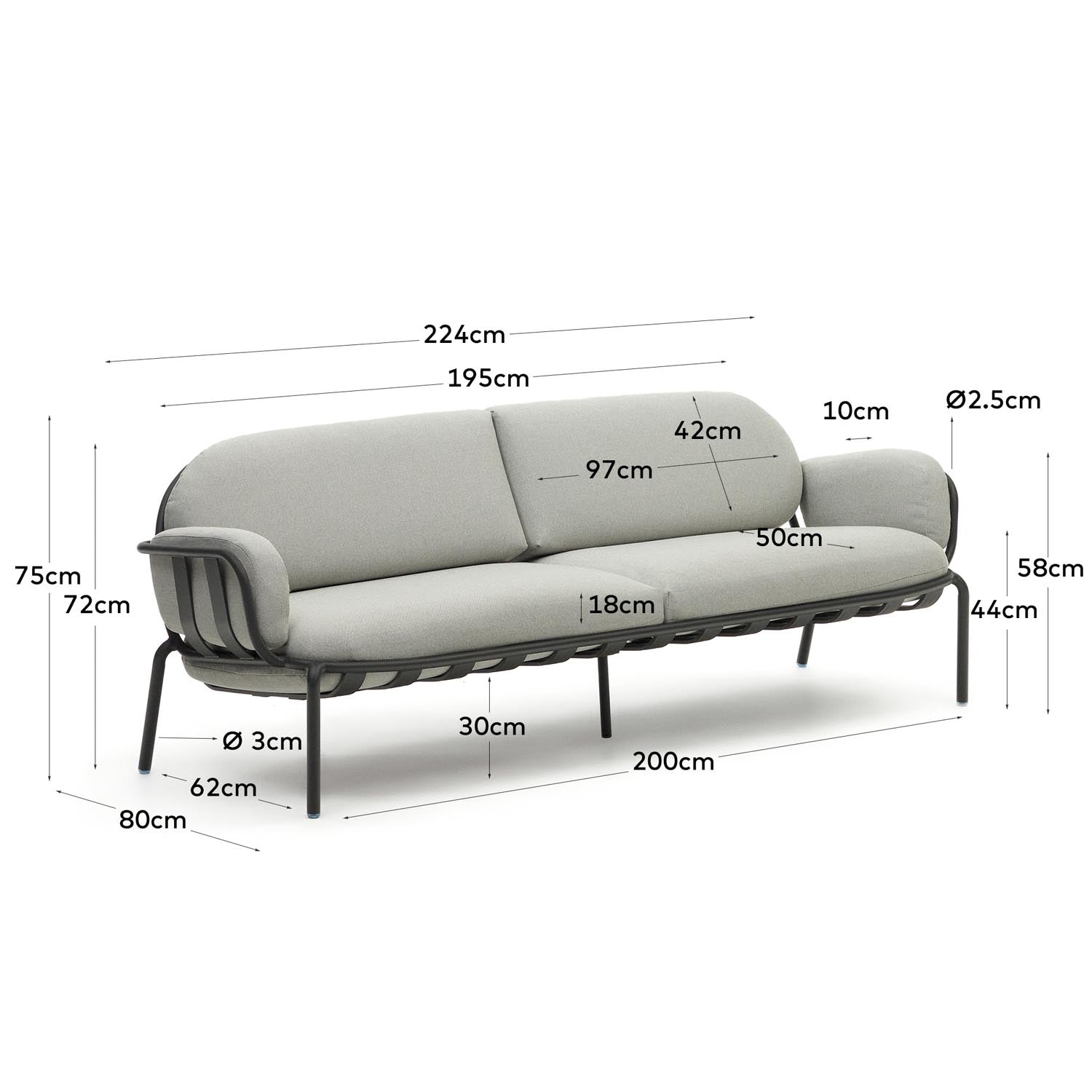 Modernes Joncols 3-Sitzer-Gartensofa aus robustem Aluminium mit grauem Finish. Ideal für entspannte Stunden im Freien und stilvolle Akzente.