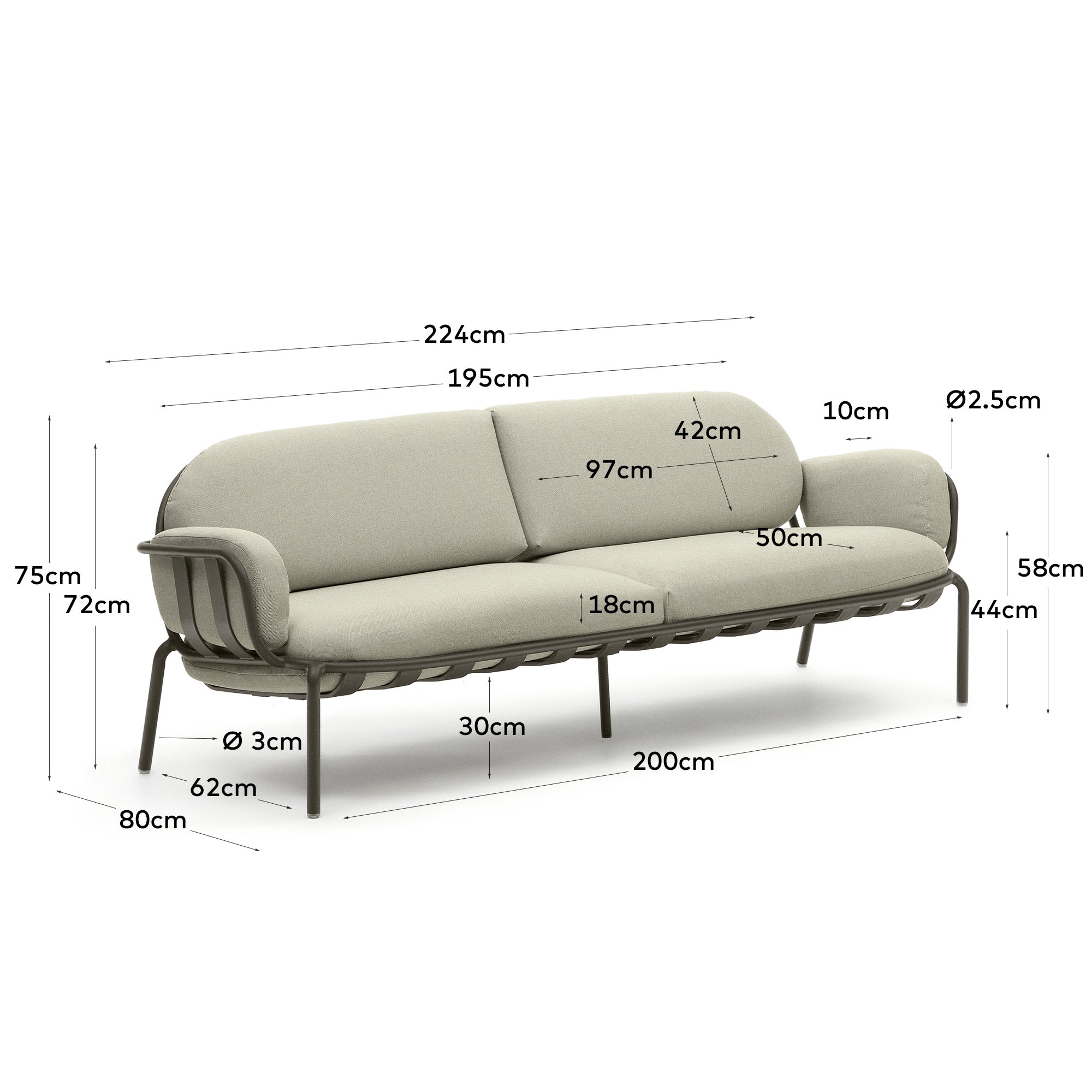 3-Sitzer-Outdoor-Sofa Joncols mit Bezug in Beige aus Aluminium mit grau lackiertem Finish 225 cm in Grau präsentiert im Onlineshop von KAQTU Design AG. Loungesofa ist von Kave Home