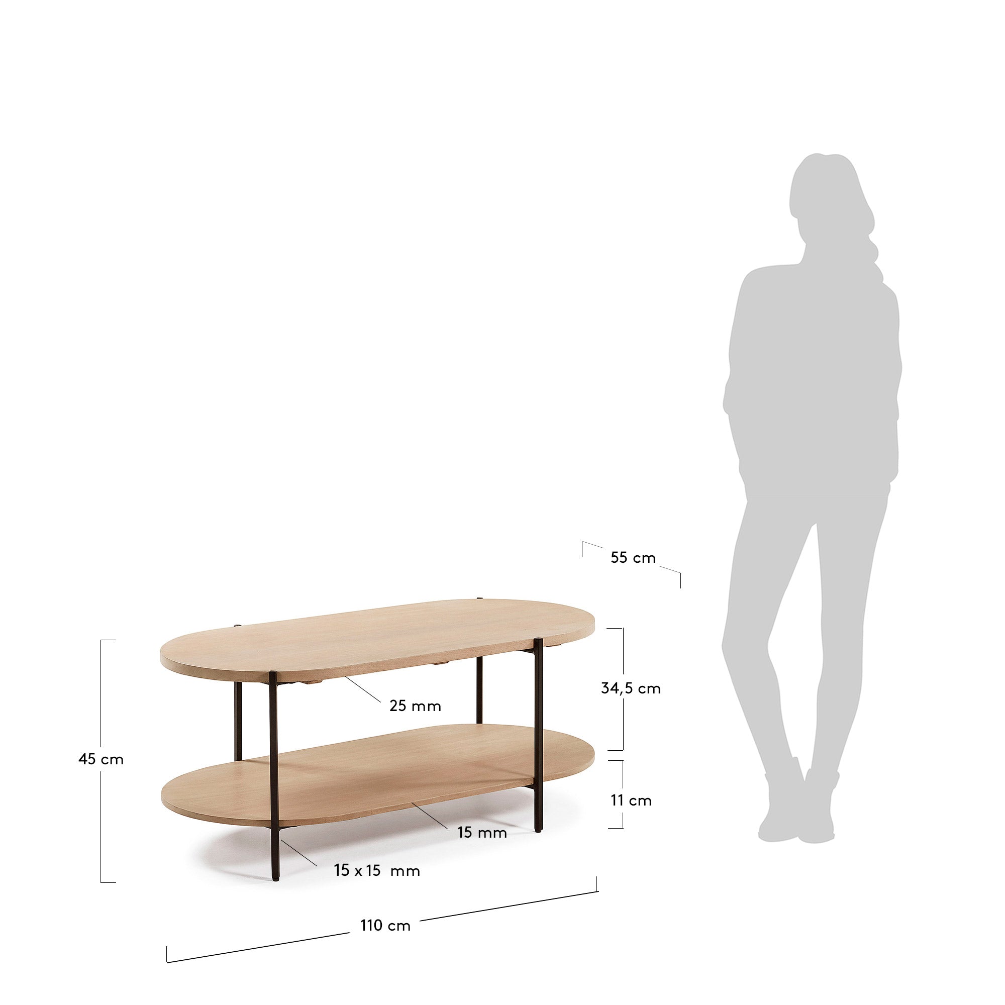 Entdecken Sie den Palmia Couchtisch von Kave Home: 110 x 55 cm, aus hochwertigem Mangoholz und robusten Stahlbeinen. Ideal für jedes Wohnzimmer!