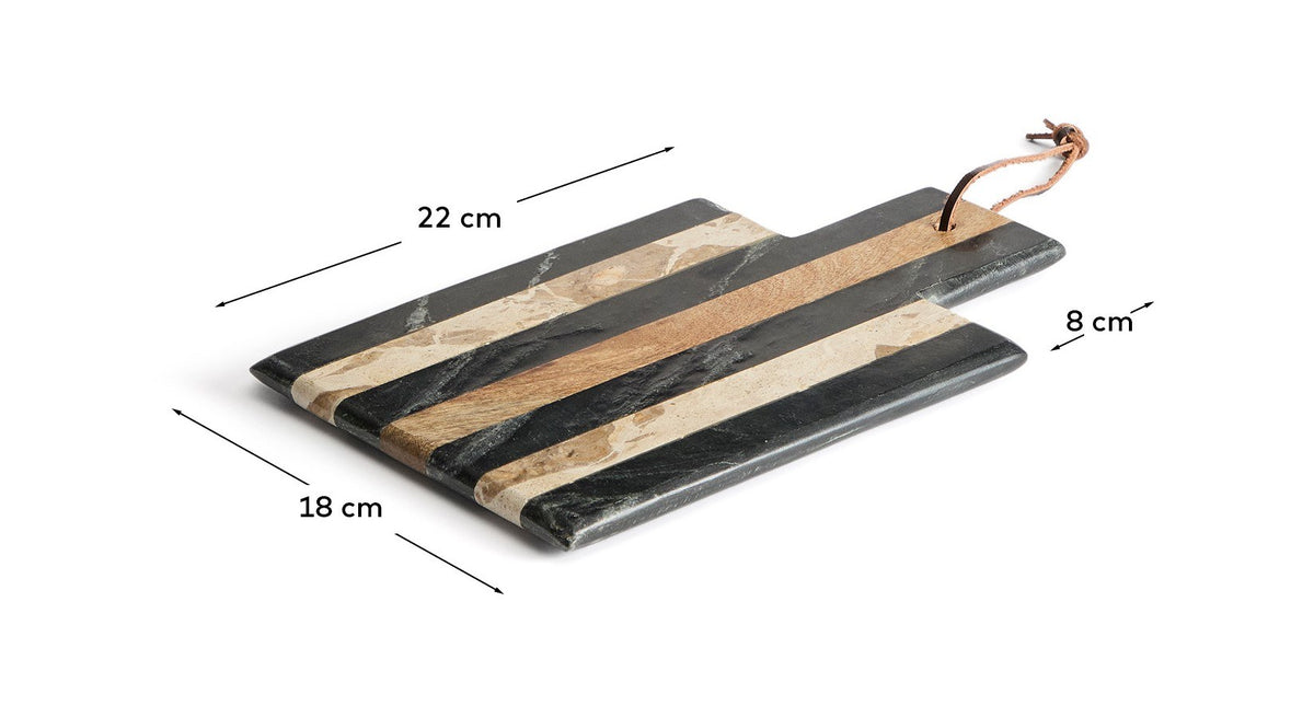 Servierbrett Surne aus Marmor in Schwarz, Braun und Beige, rechteckige Form mit Loch, Grösse 30 x 18 cm, Material Marmor und Holz.