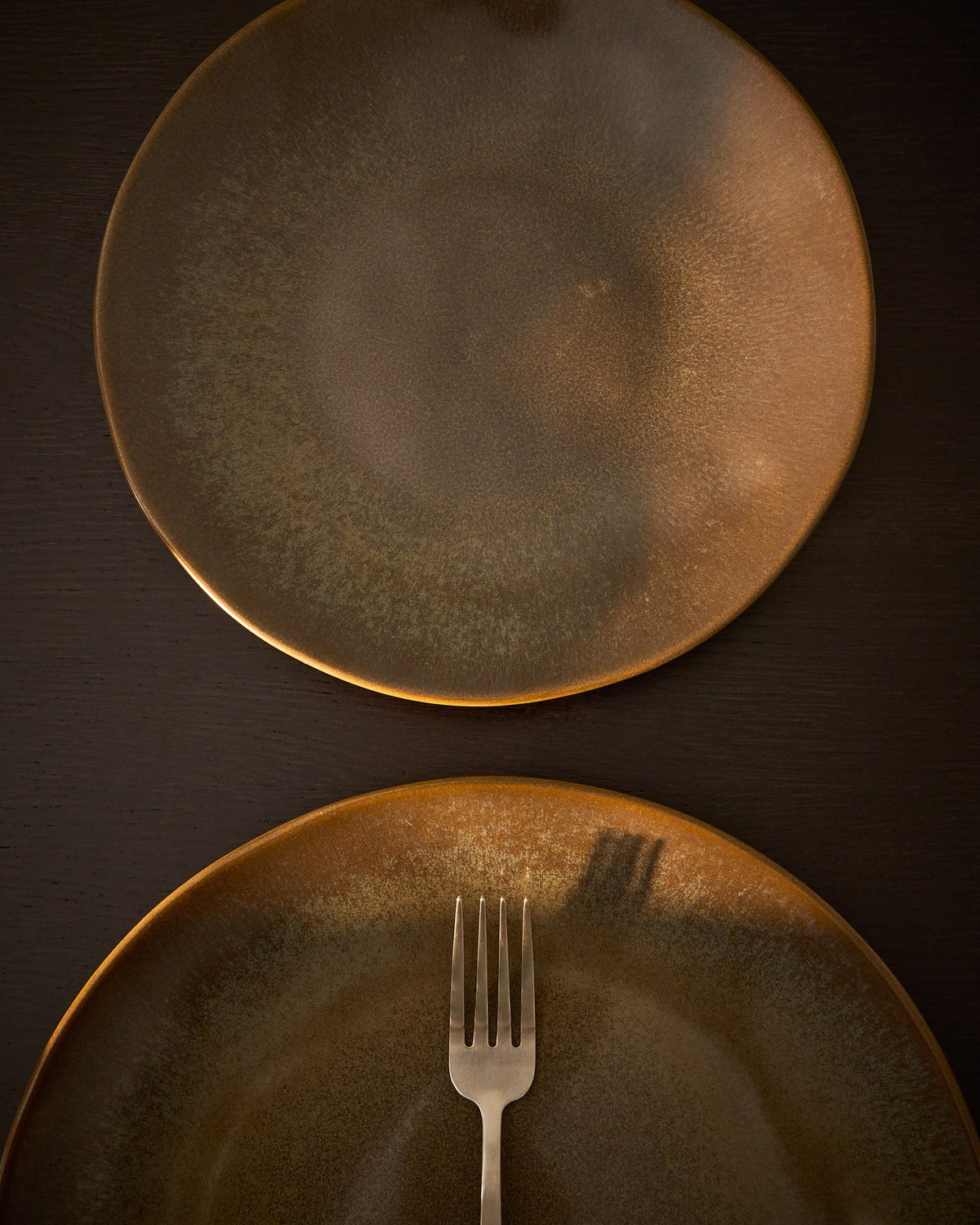 Runder Dessertteller aus glänzender Keramik in moosgrün/dunkelgrün, Durchmesser 27 cm, Höhe 9.5 cm, mit reaktiver Glasur und leichten Farbvariationen.