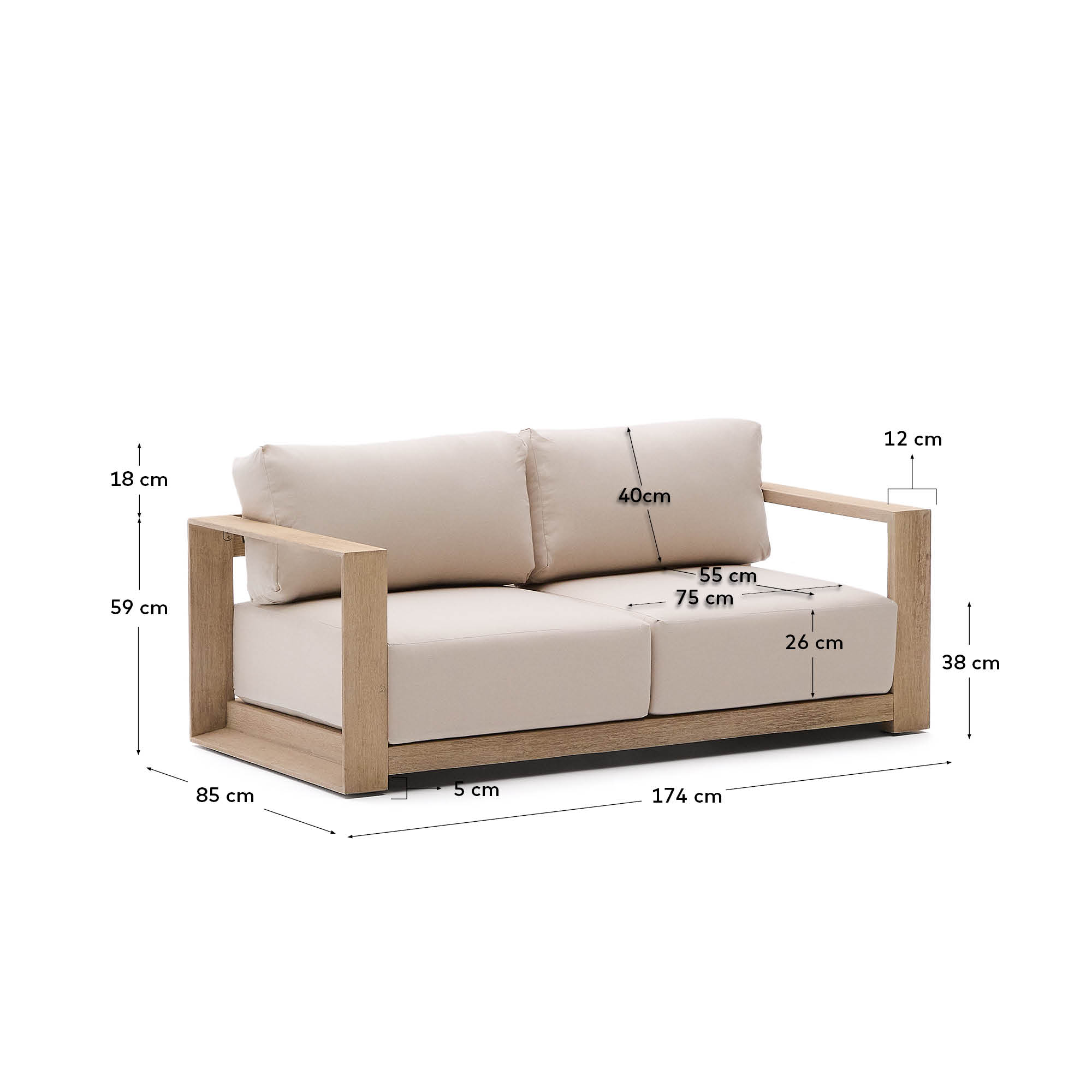 Erleben Sie das stilvolle 2-Sitzer-Sofa Ambra aus robustem Akazienholz. Mit seinem hellen Finish und 174 cm Breite ist es ideal für nachhaltiges Wohnen.