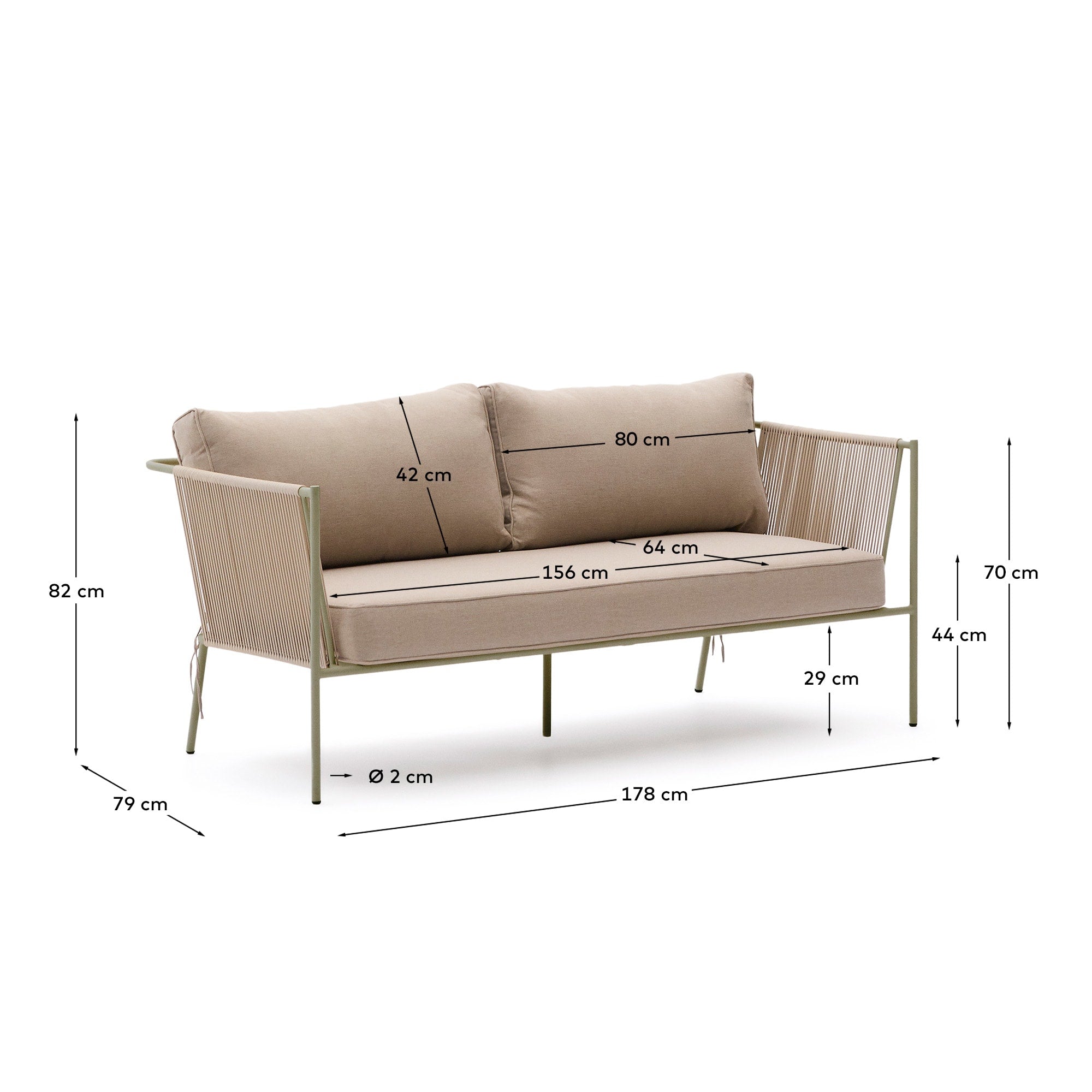 Stilvolles 3-Sitzer-Outdoor-Sofa Zivia in écrufarbenem Seil und grünem verzinktem Stahl, perfekt für entspannte Stunden im Freien.