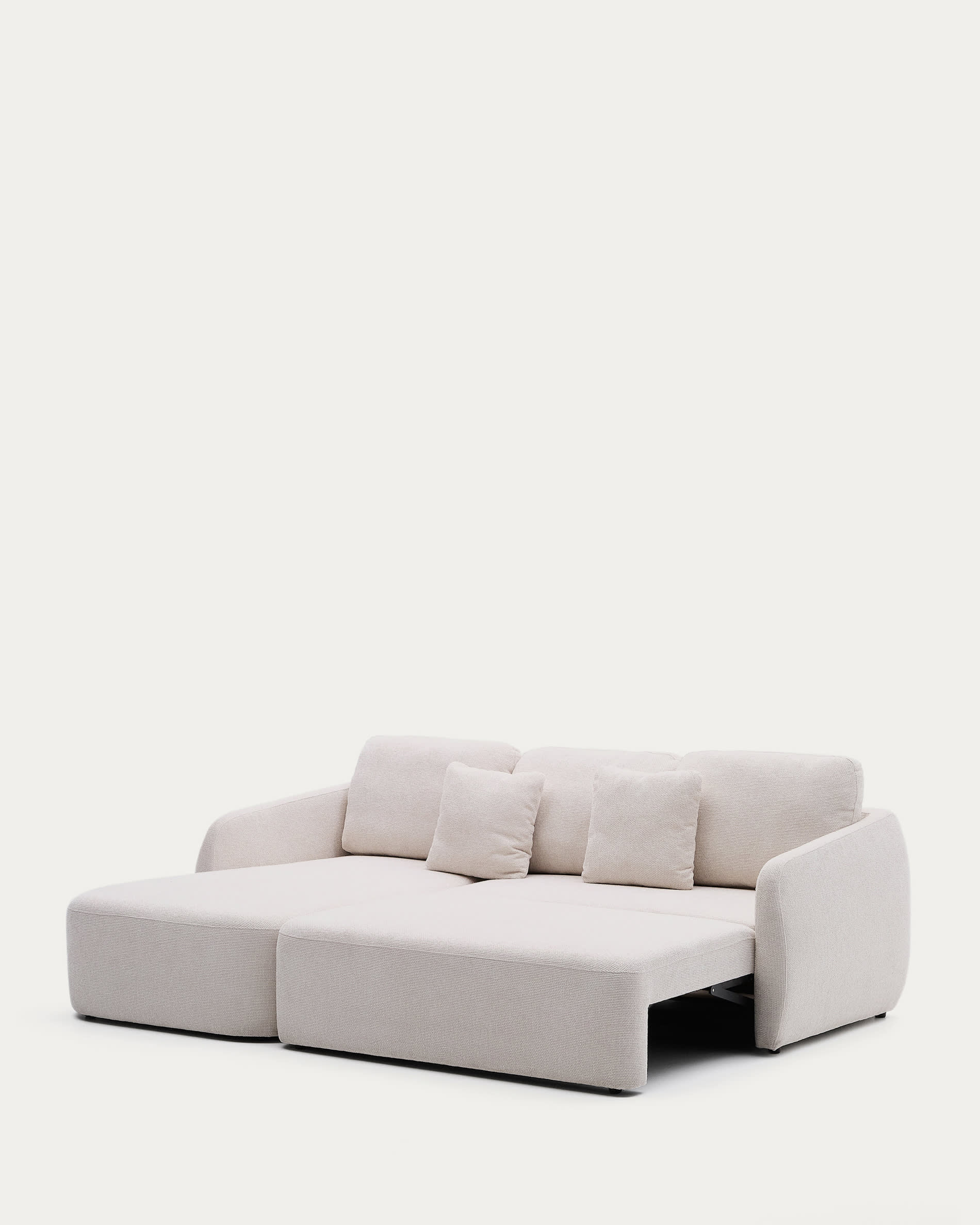Elegantes Schlafsofa Laira, 3-Sitzer mit linker Chaiselongue, Chenille-Stoff in Ecru, 246 cm, FSC-zertifiziert, nachhaltig.