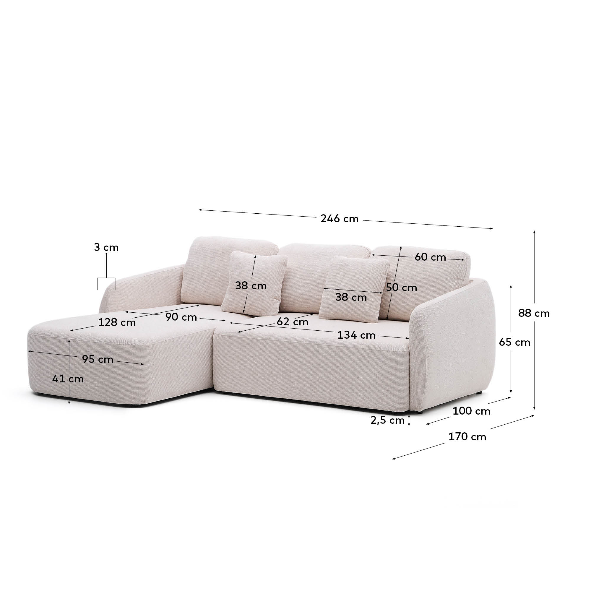 Elegantes 3-Sitzer-Bettsofa Laira in luxuriösem ecrufarbenem Chenille mit komfortabler Chaiselongue rechts, 246 cm, perfekt für entspannte Stunden.