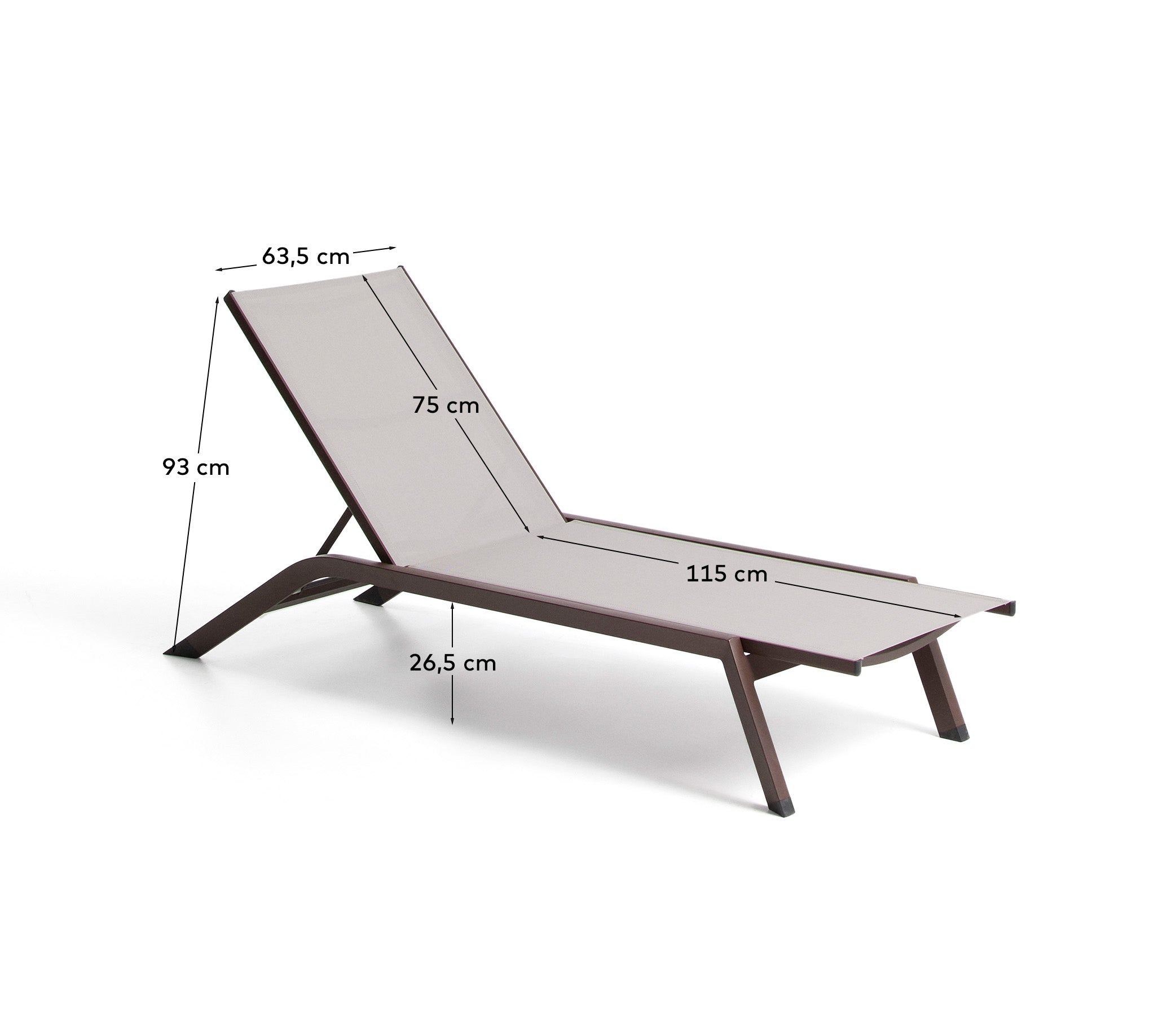 Elegante stapelbare Sonnenliege Capraia aus robustem braunem Aluminium und hellem Texteline, ideal für entspannte Stunden im Freien.