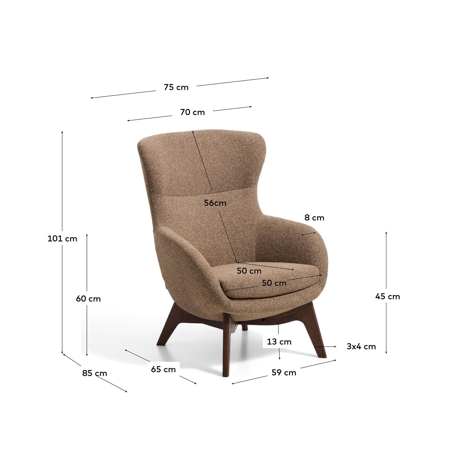 Sessel Adiran mit dicker Chenille in Hellbraun und Beinen aus massivem Eichenholz mit Nussbaum-Finish in Hellbraun präsentiert im Onlineshop von KAQTU Design AG. Sessel ist von Kave Home