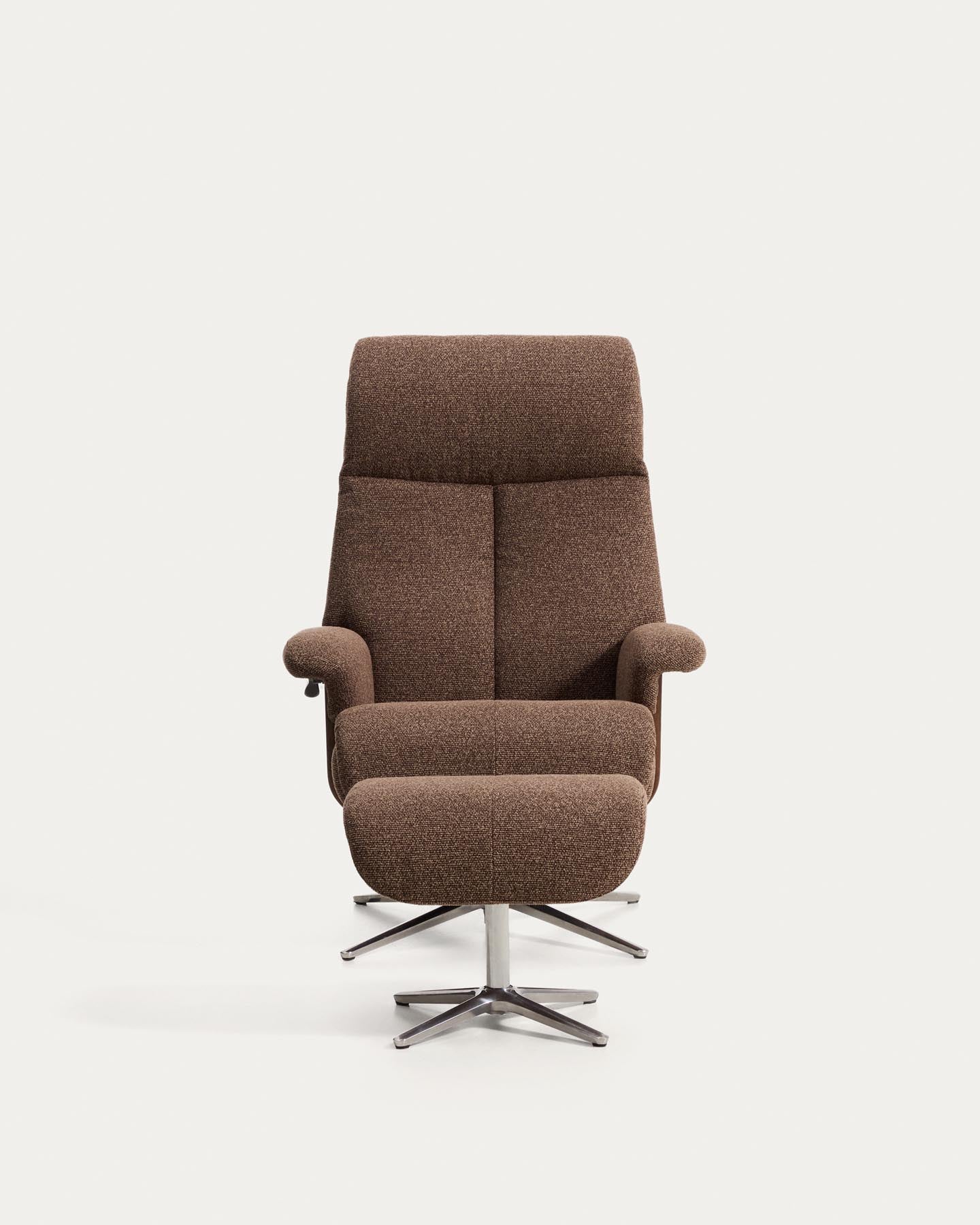 Verstellbarer Drehsessel Toriel mit Fussablage in schokobraunem Microbouclé und mit Beinen aus Aluminium, FSC Mix Credit in Dunkelbraun präsentiert im Onlineshop von KAQTU Design AG. Drehsessel ist von Kave Home