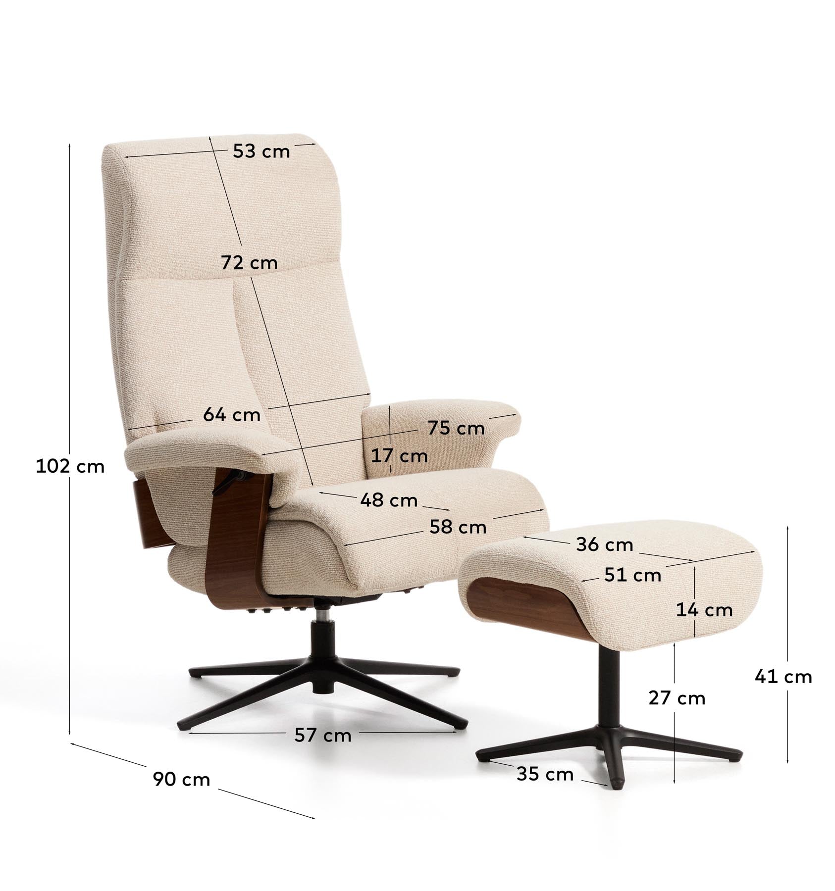 Verstellbarer Drehsessel Toriel mit Fussablage in beigem Microbouclé und mit Beinen aus Aluminium mit schwarzem Finish, FSC Mix Credit in Beige präsentiert im Onlineshop von KAQTU Design AG. Drehsessel ist von Kave Home