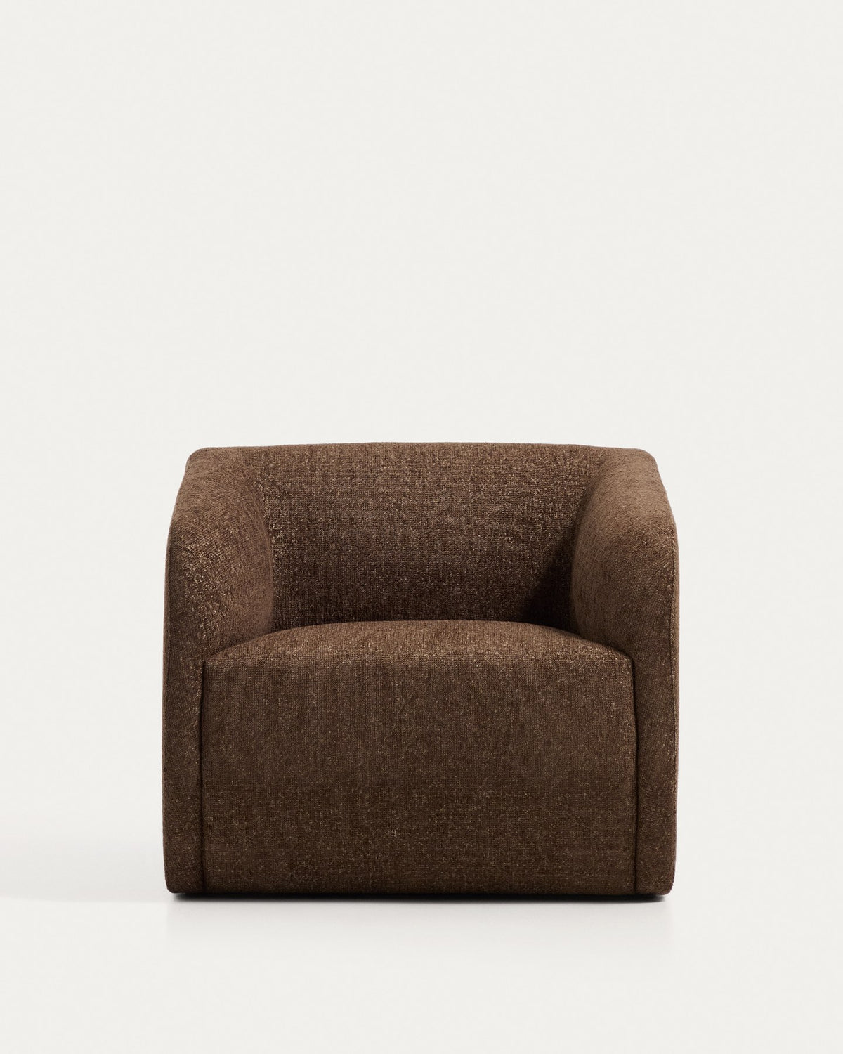 Sessel Milare mit dunkelbraunem Chenille-Bezug, abgerundeten Armlehnen und Kunststoffgleitern, Sperrholzgestell, Masse 83x82x70 cm.