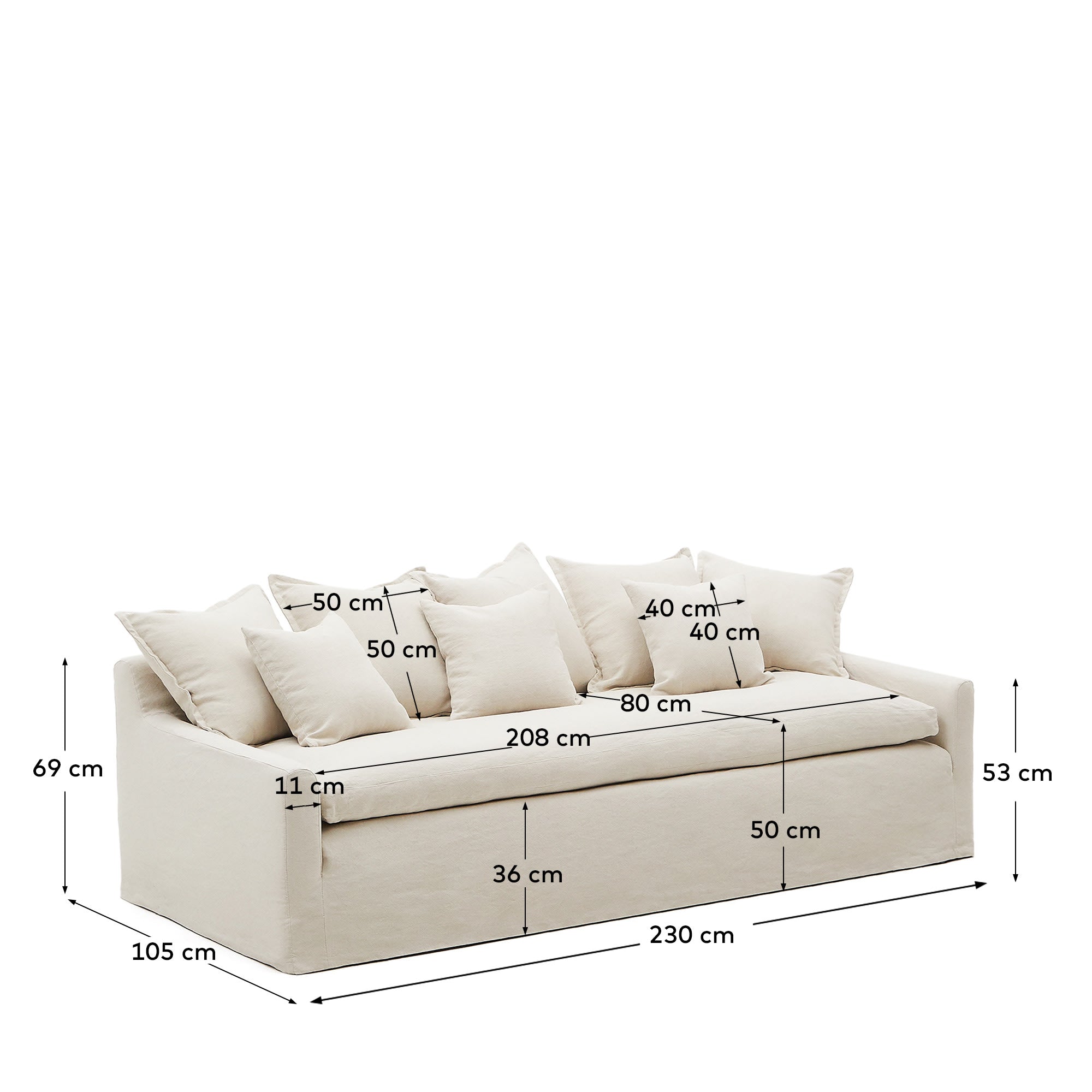 Erleben Sie das Zenira 3-Sitzer-Sofa von Kave Home: stilvolles Design, atmungsaktiver Bezug aus Baumwolle und Leinen, abnehmbar für mühelose Reinigung.