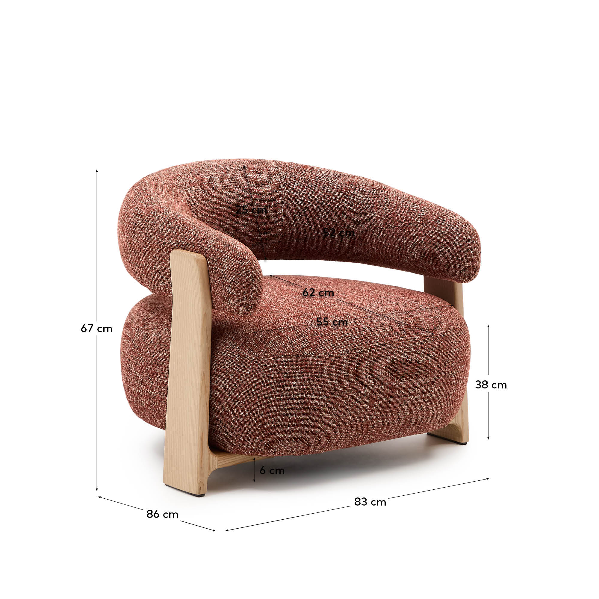 Eleganter Sessel in warmem Terrakotta-Chenille, gefertigt aus robustem Eschenholz. Perfekt für stilvolle Wohnräume und entspannte Momente.