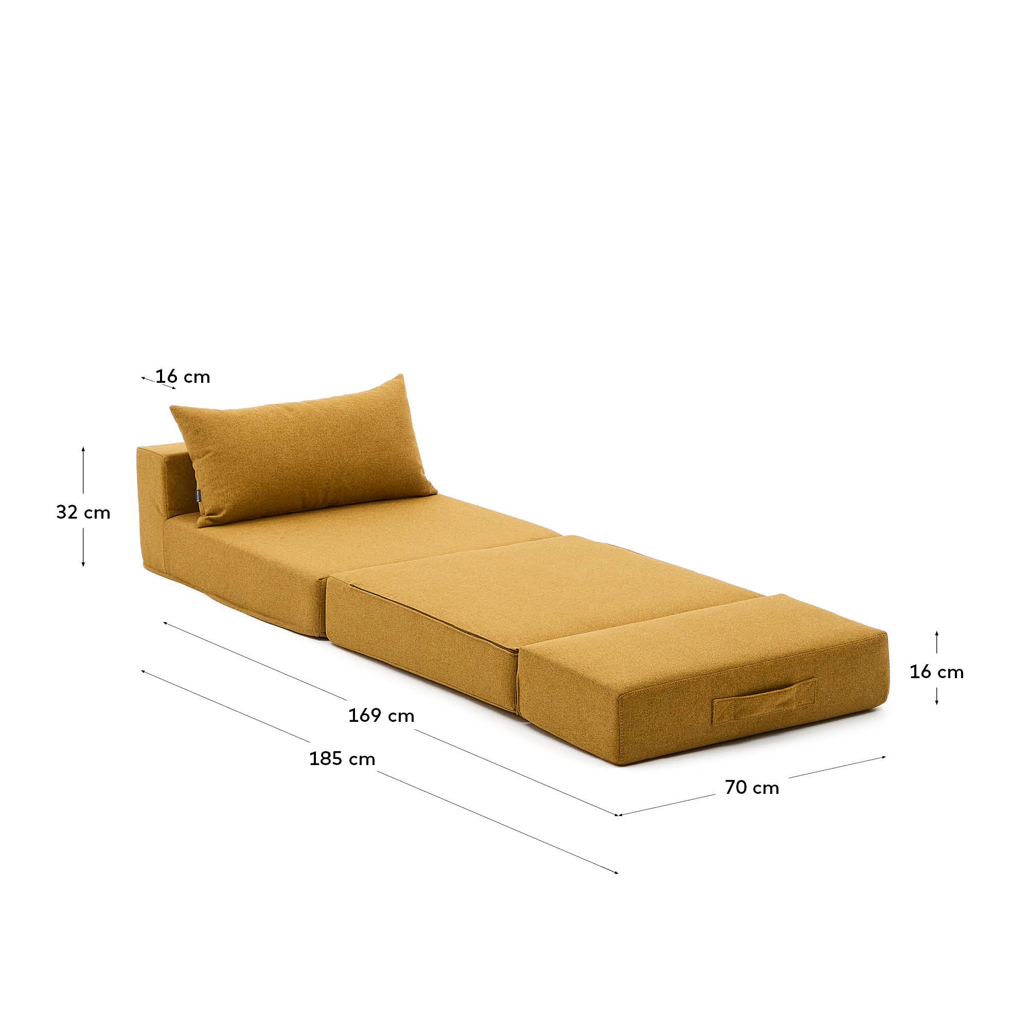 Erleben Sie den Pouf Schlafsofa Arty in Senf (70 x 89 cm, ausklappbar auf 200 cm) von Kave Home – perfekt für stilvolle und funktionale Wohnräume!