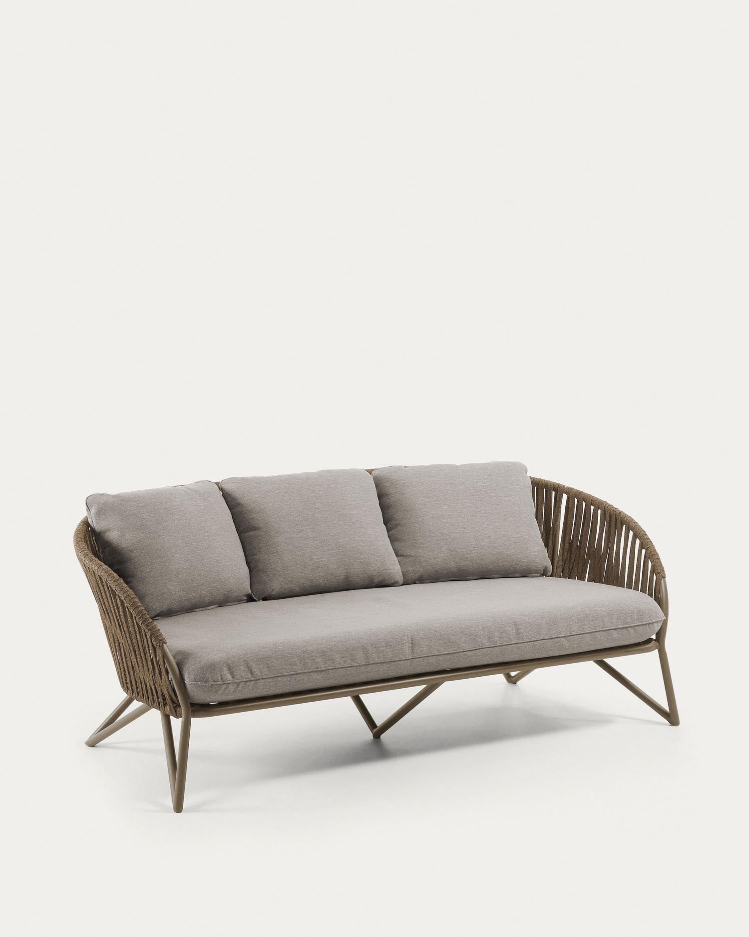 Elegantes Branzie 3-Sitzer-Sofa aus wetterbeständigem Seil, 180 cm, mit stabilem Metallgestell. Perfekt für drinnen und draussen.