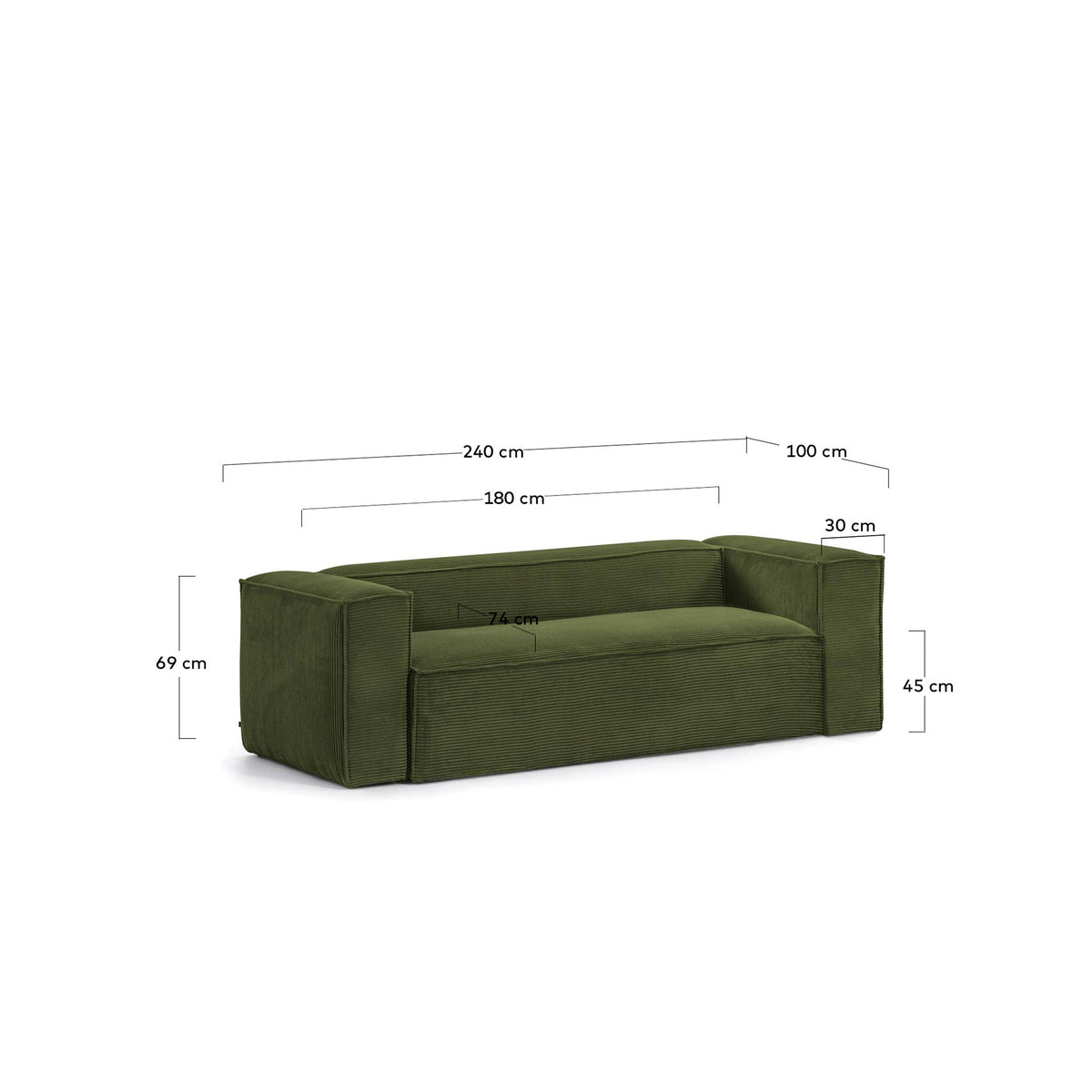 3-Sitzer-Sofa Blok mit dickem, grünen Cord 240 cm FSC Mix Credit in Grün präsentiert im Onlineshop von KAQTU Design AG. 3er Sofa ist von Kave Home