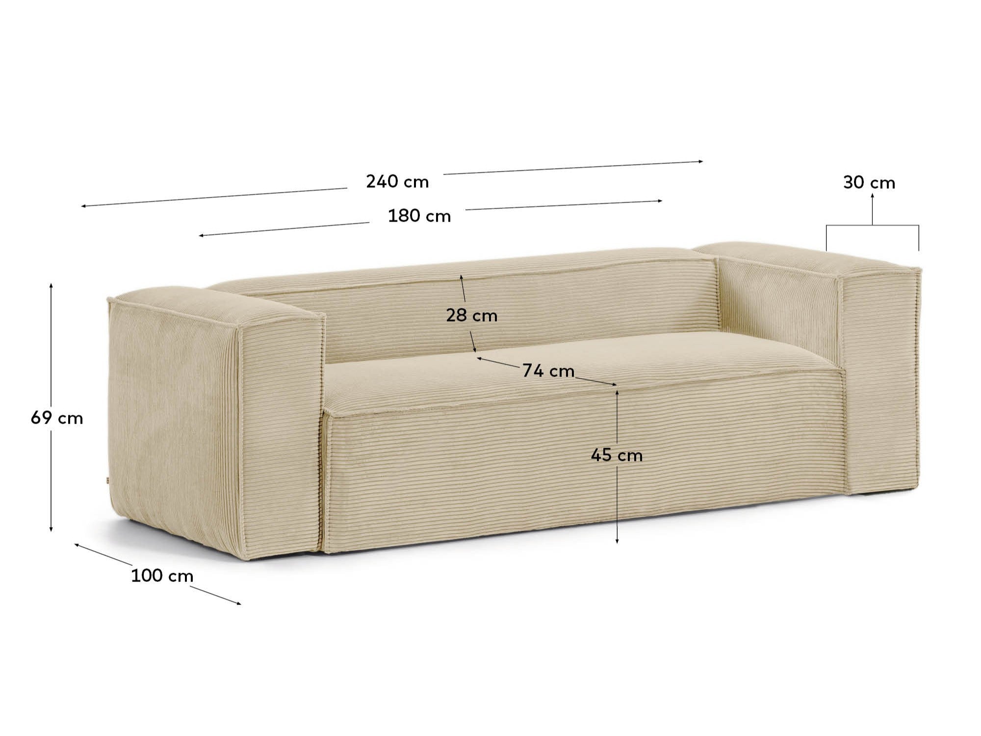 3-Sitzer-Sofa Blok mit dickem Cord in Naturfarbe 240 cm FSC Mix Credit in Ecru präsentiert im Onlineshop von KAQTU Design AG. 3er Sofa ist von Kave Home