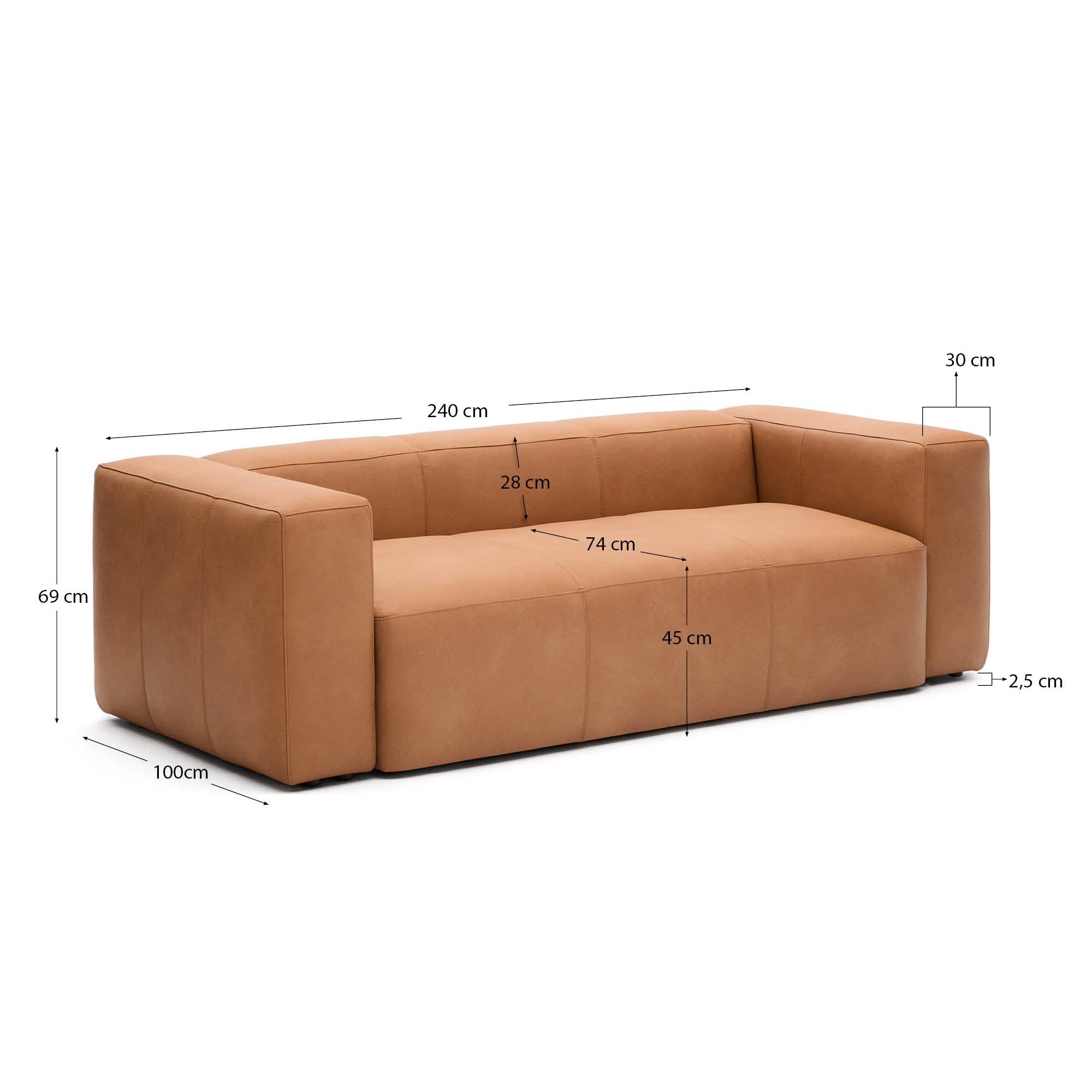 Sofa Blok aus braunem Leder 3-Sitzer 240 cm in Braun präsentiert im Onlineshop von KAQTU Design AG. 3er Sofa ist von Kave Home