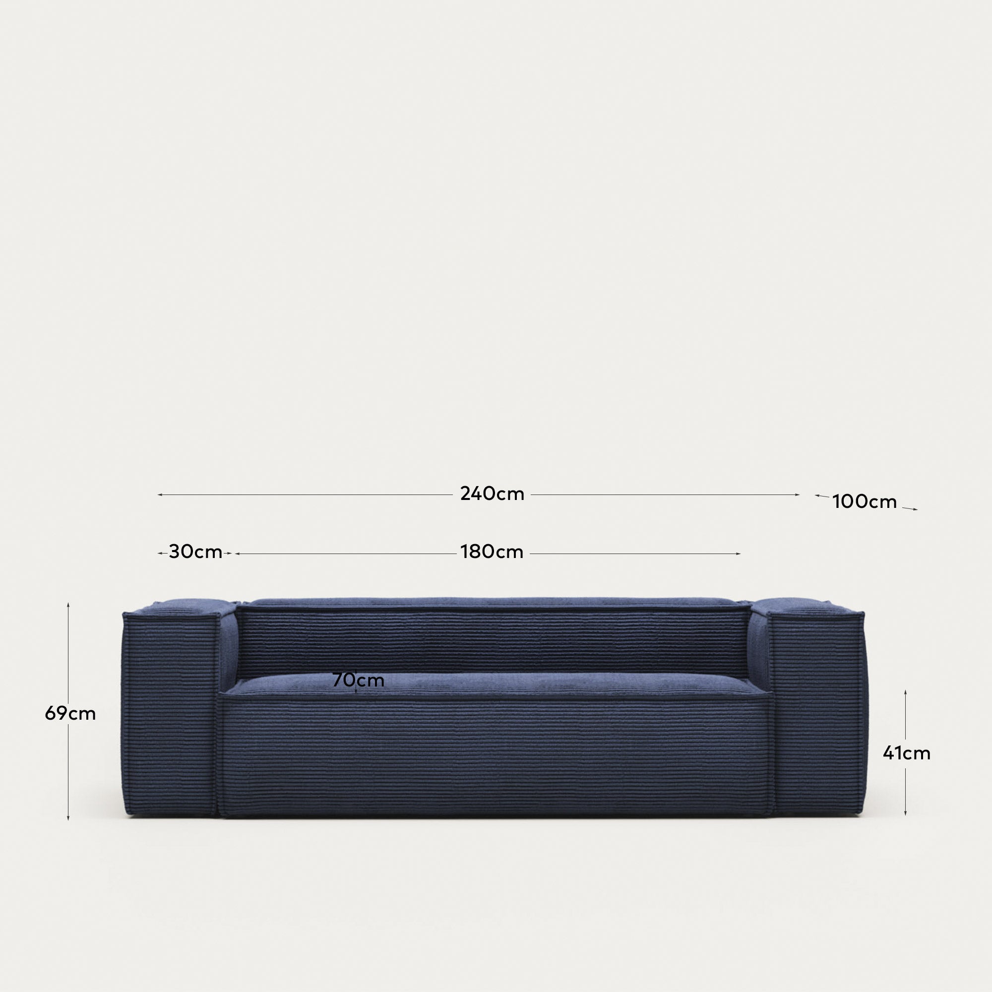 3-Sitzer-Sofa Blok, schwer entflammbar mit dickem, blauem Cord, 240 cm, FSC Mix Credit in Blau präsentiert im Onlineshop von KAQTU Design AG. 3er Sofa ist von Kave Home
