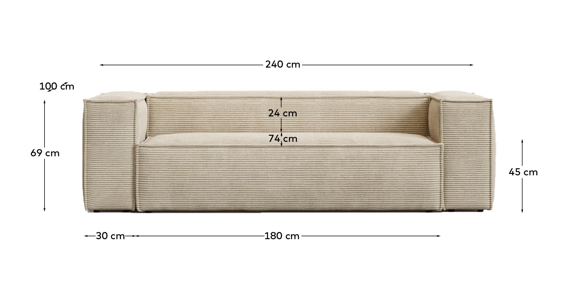 3-Sitzer-Sofa Blok schwer entflammbar mit dickem Cord in Ecru 240 cm FSC Mix Credit in Ecru präsentiert im Onlineshop von KAQTU Design AG. 3er Sofa ist von Kave Home