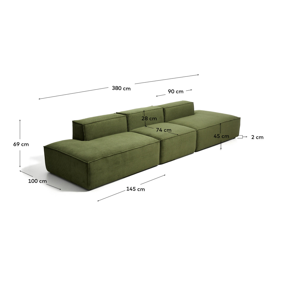 4-Sitzer-Sofa Blok in grobem grünem Cord, 380 cm, FSC Mix Credit in Grün präsentiert im Onlineshop von KAQTU Design AG. 4er Sofa ist von Kave Home