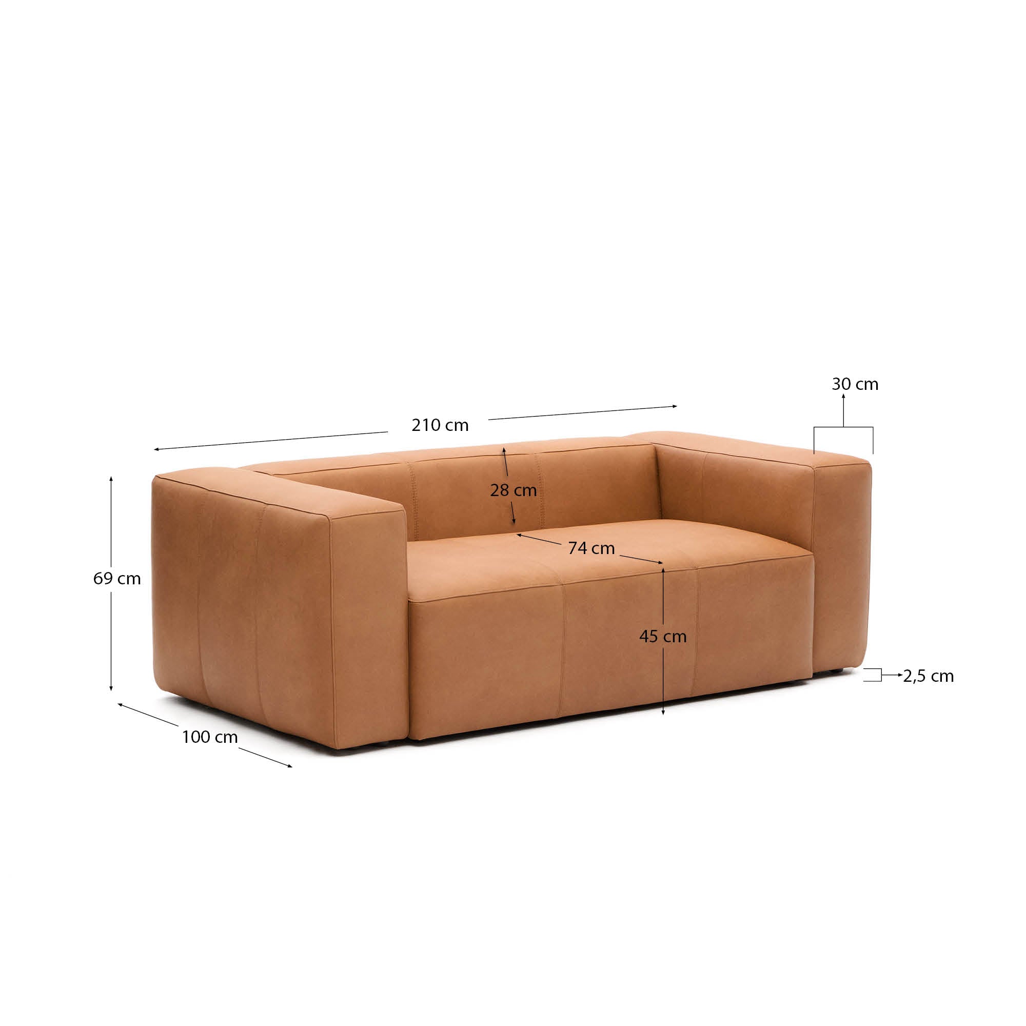 Sofa Blok aus braunem Leder 2-Sitzer 210 cm in Braun präsentiert im Onlineshop von KAQTU Design AG. 2er Sofa ist von Kave Home