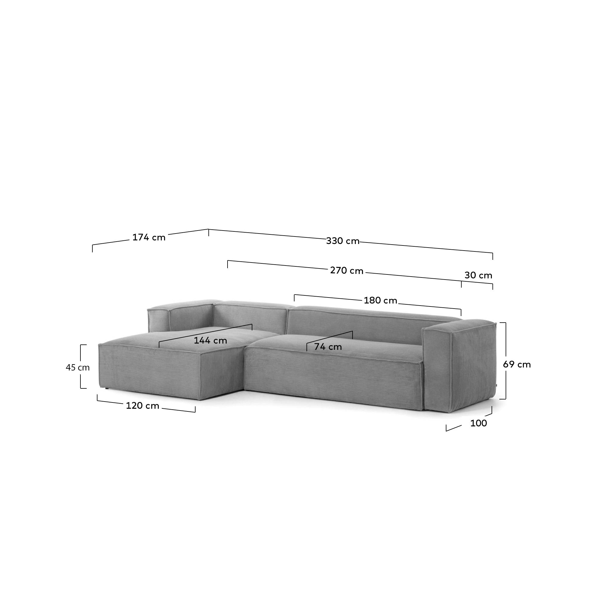 4-Sitzer-Sofa Blok mit dickem, grauen Cord und Chaiselongue links 330 cm FSC Mix Credit in Grau präsentiert im Onlineshop von KAQTU Design AG. 4er Sofa ist von Kave Home