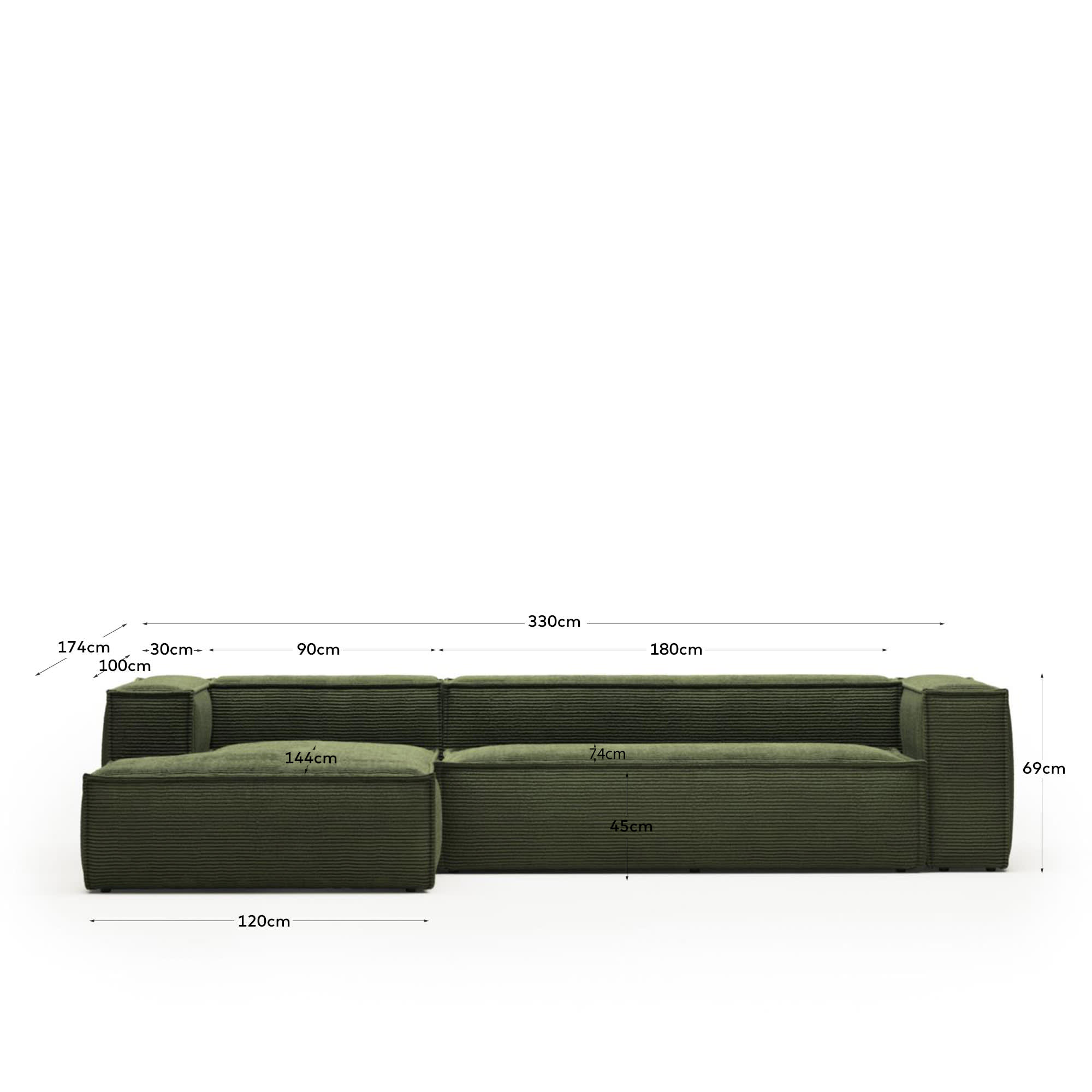 Stilvolles 4-Sitzer-Sofa mit linksseitiger Chaiselongue, grünem Cord und großzügigen 330 cm. Perfekt für entspannte Abende und modernes Wohnen.