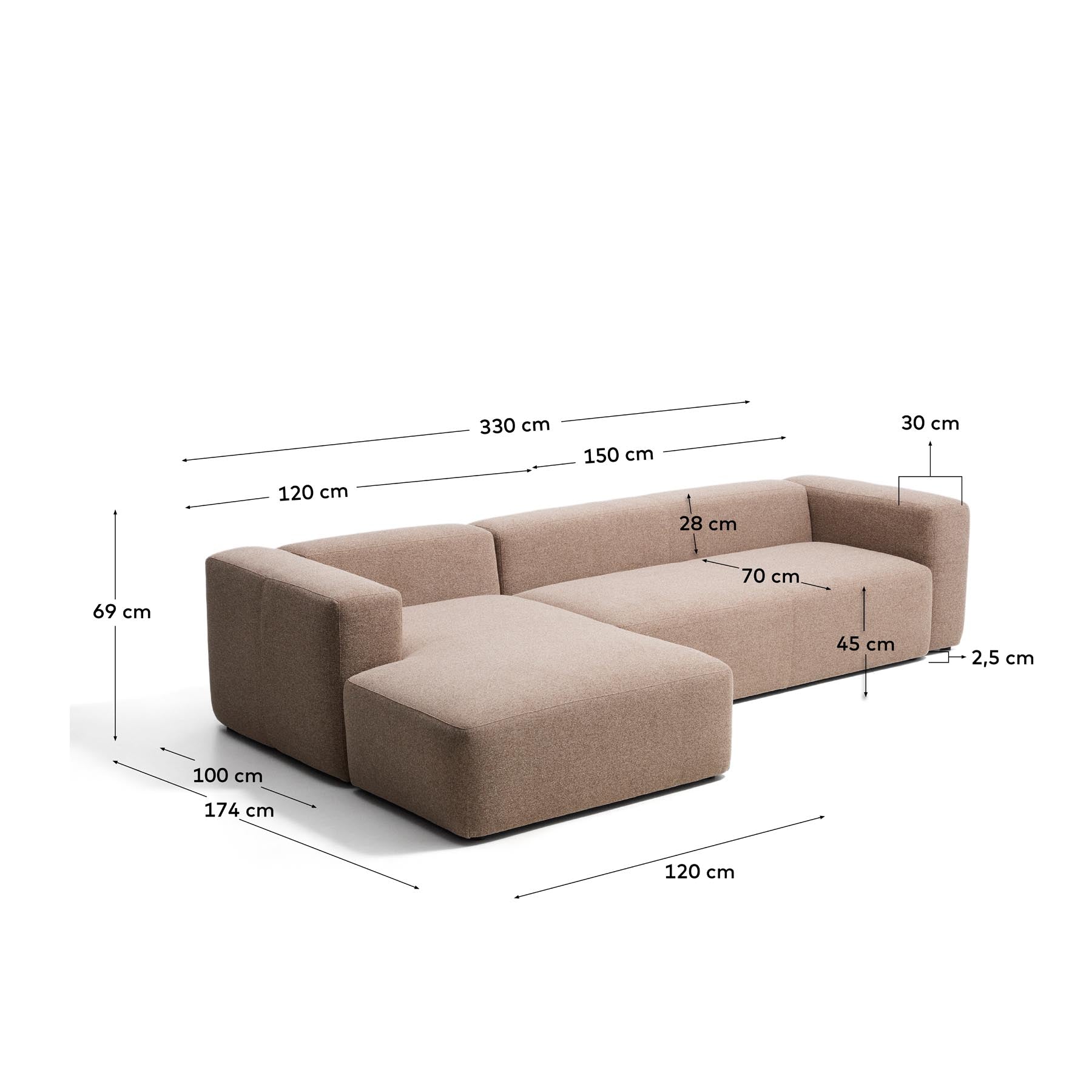 4-Sitzer-Sofa Blok mit Chaiselongue links in brauner Chenille, 330 cm, FSC Mix Credit in Taupe präsentiert im Onlineshop von KAQTU Design AG. L-Sofa links ist von Kave Home