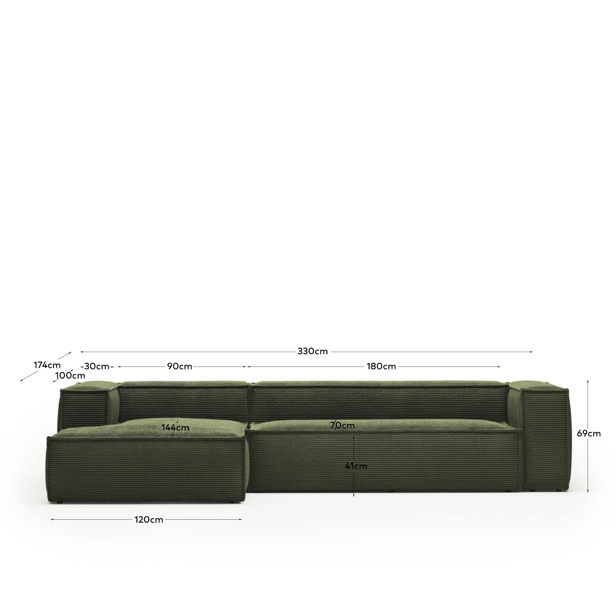 4-Sitzer-Sofa Blok mit Chaiselongue links, schwer entflammbar mit dickem, grünen Cord, 330 cm, FSC Mix Credit in Grün präsentiert im Onlineshop von KAQTU Design AG. 4er Sofa ist von Kave Home