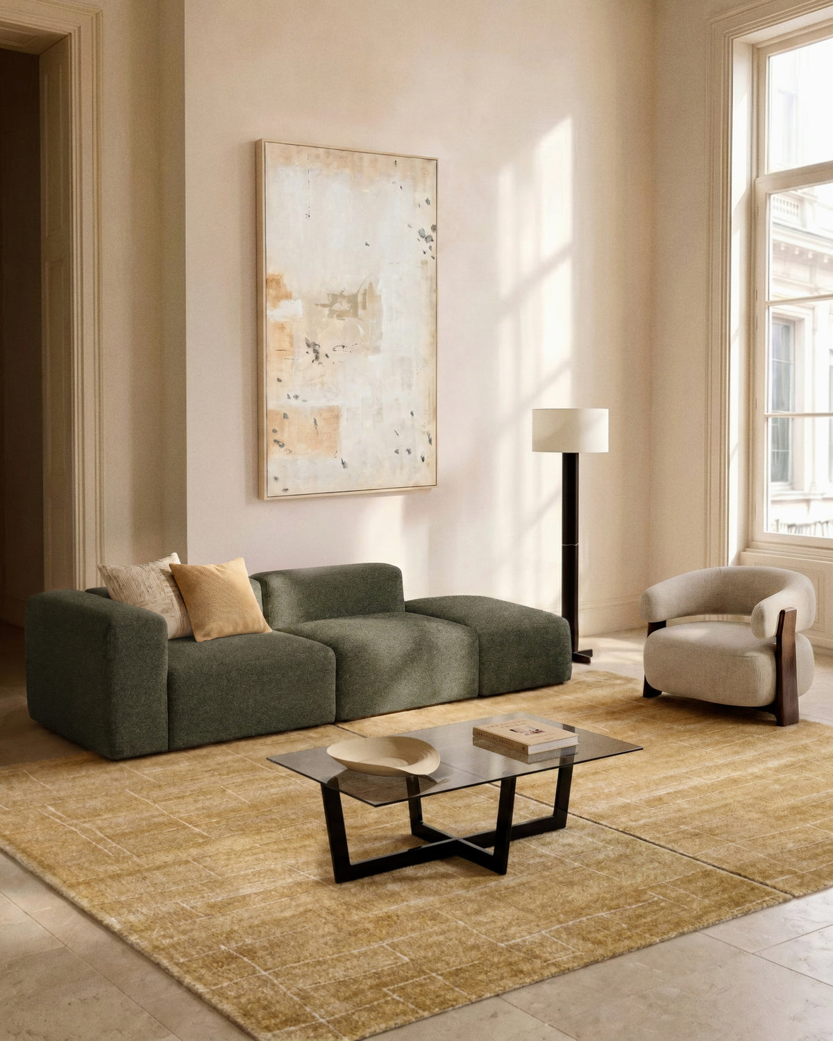 3-Sitzer-Sofa Blok mit Armlehne links und Pouf-Randmodul in moosgrüner Chenille, 270 cm, FSC Mix Credit in Grün präsentiert im Onlineshop von KAQTU Design AG. 3er Sofa ist von Kave Home