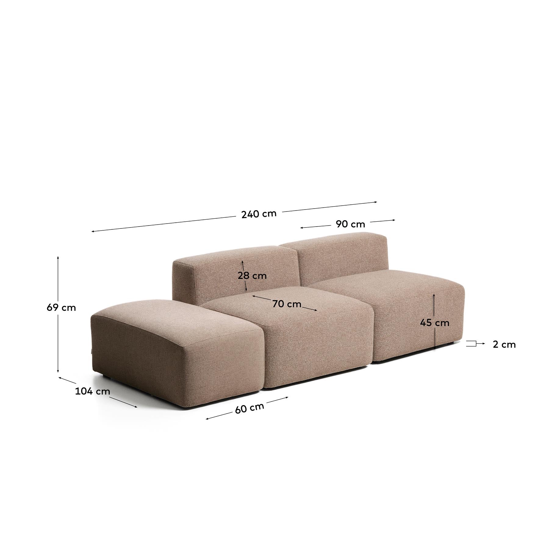 3-Sitzer-Sofa Blok mit Pouf-Randmodul in brauner Chenille, 240 cm, FSC Mix Credit in Taupe präsentiert im Onlineshop von KAQTU Design AG. 3er Sofa ist von Kave Home