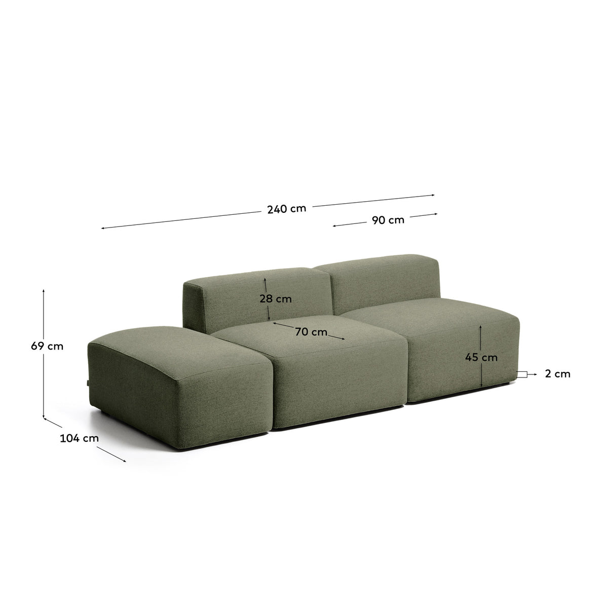 3-Sitzer-Sofa Blok mit Pouf-Randmodul in moosgrüner Chenille, 240 cm, FSC Mix Credit in Grün präsentiert im Onlineshop von KAQTU Design AG. 3er Sofa ist von Kave Home