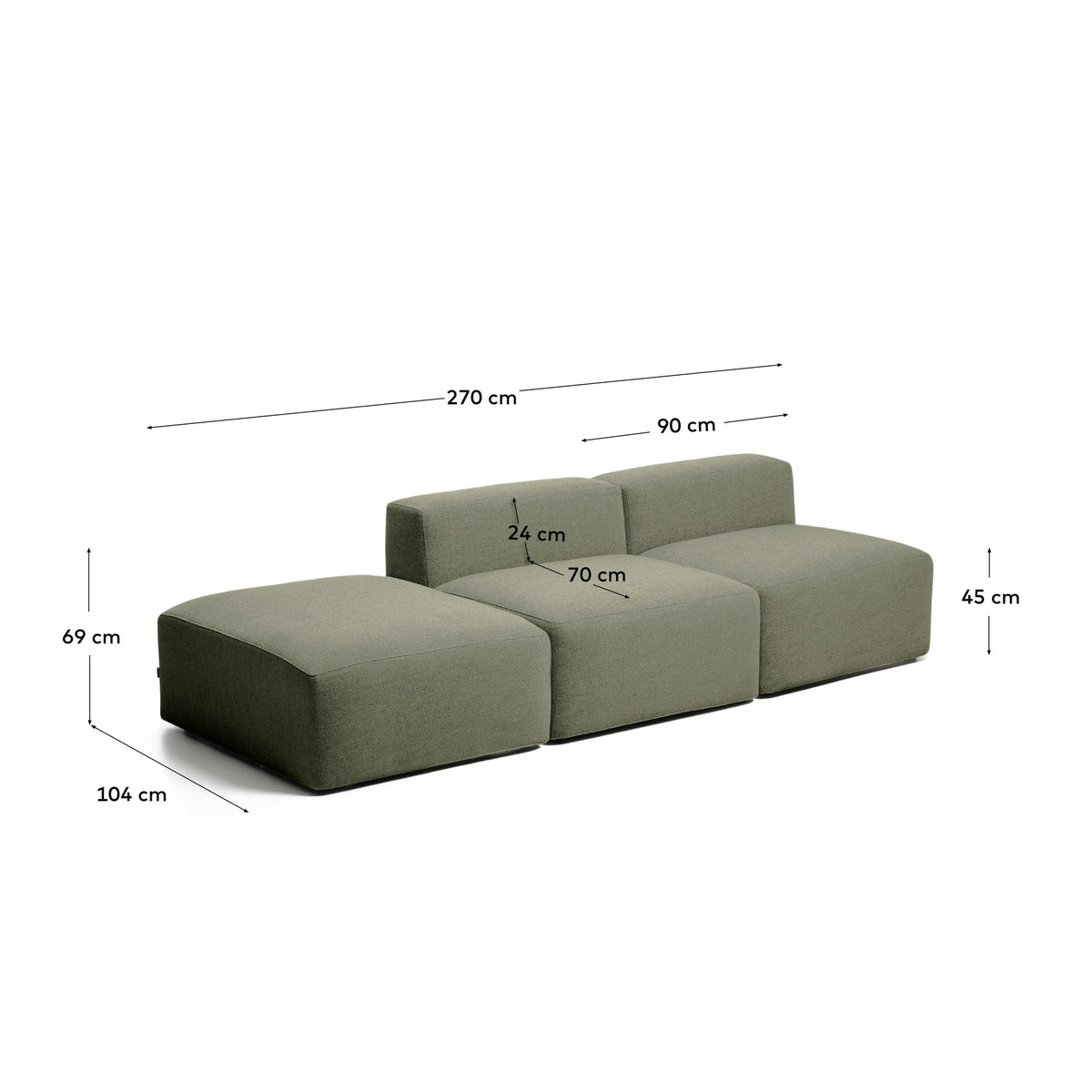 3-Sitzer-Sofa Blok mit Pouf-Randmodul in moosgrüner Chenille, 270 cm, FSC Mix Credit in Grün präsentiert im Onlineshop von KAQTU Design AG. 3er Sofa ist von Kave Home