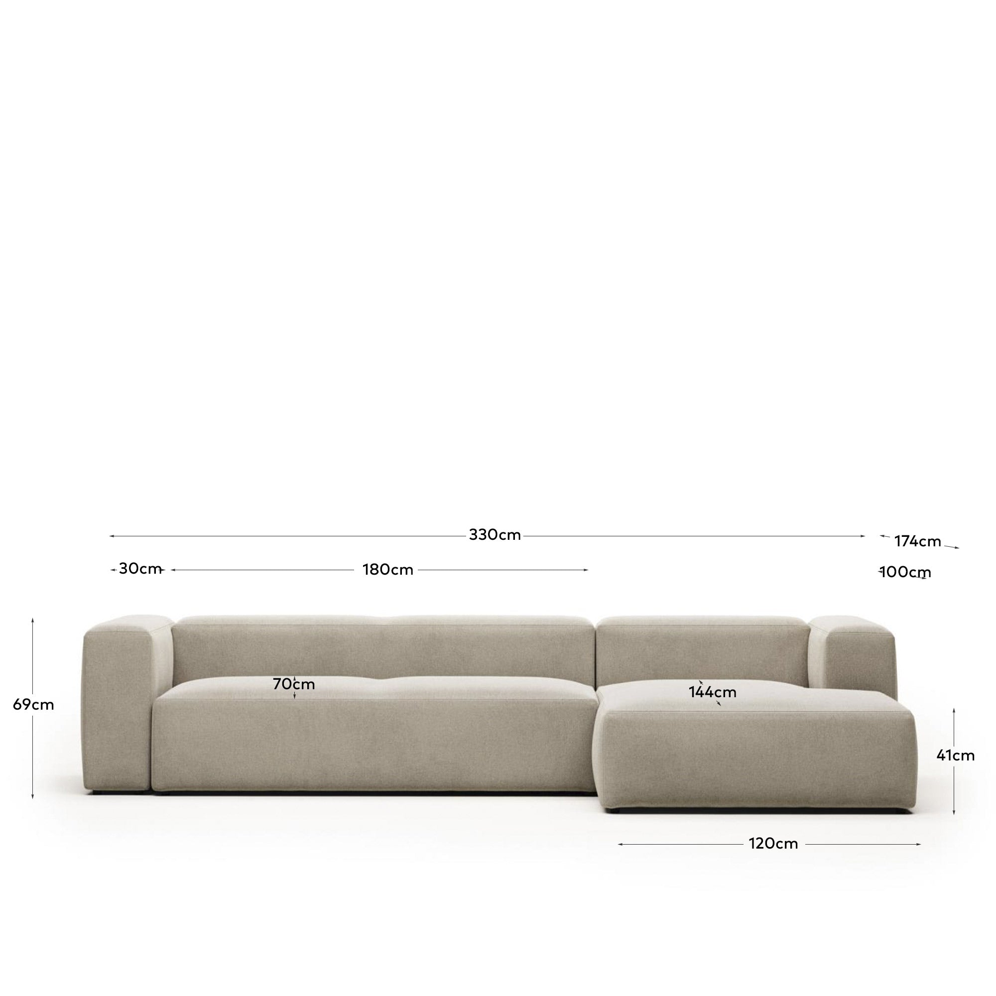 4-Sitzer-Sofa Blok mit Chaiselongue rechts, schwer entflammbar mit beiger Chenille, 330 cm in Beige präsentiert im Onlineshop von KAQTU Design AG. 4er Sofa ist von Kave Home