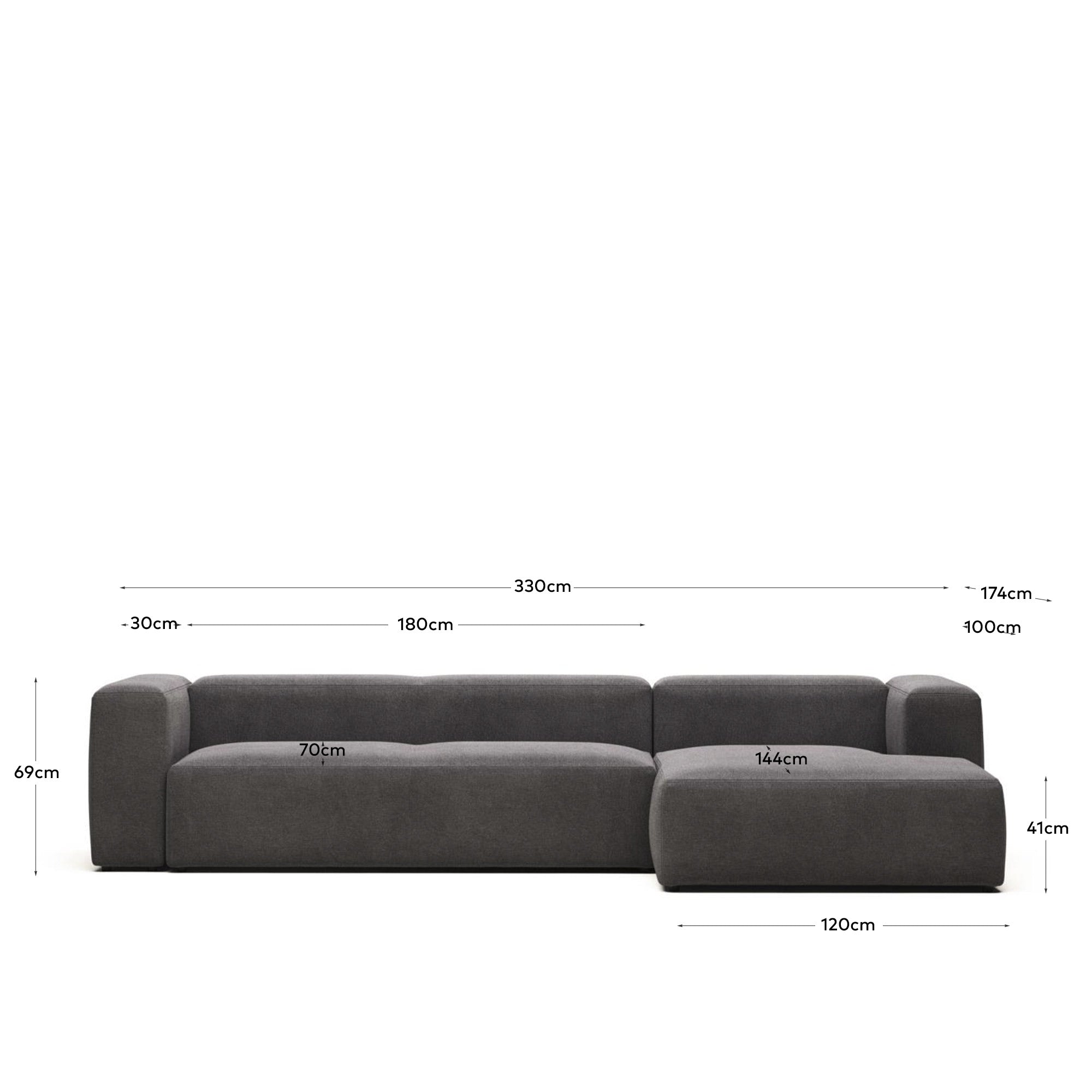 Blok 4-Sitzer-Sofa mit Chaiselongue rechts grau 330 cm FR in Grau präsentiert im Onlineshop von KAQTU Design AG. 4er Sofa ist von Kave Home
