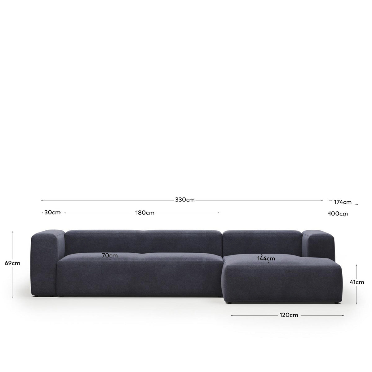 Blok 4-Sitzer Sofa mit Chaiselongue rechts blau 330 cm FR in Blau präsentiert im Onlineshop von KAQTU Design AG. 4er Sofa ist von Kave Home