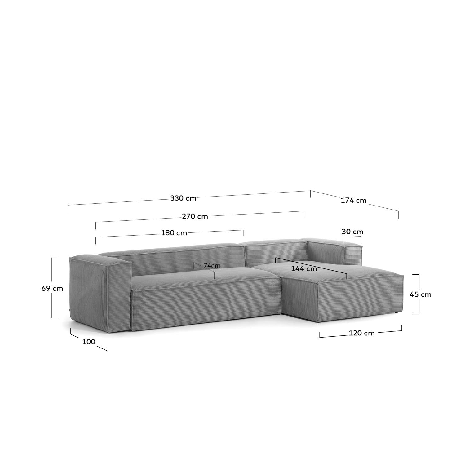 Erleben Sie das elegante 4-Sitzer-Sofa Blok mit Chaiselongue rechts. Dickes Cord und nachhaltige Materialien bieten höchsten Komfort und zeitloses Design.