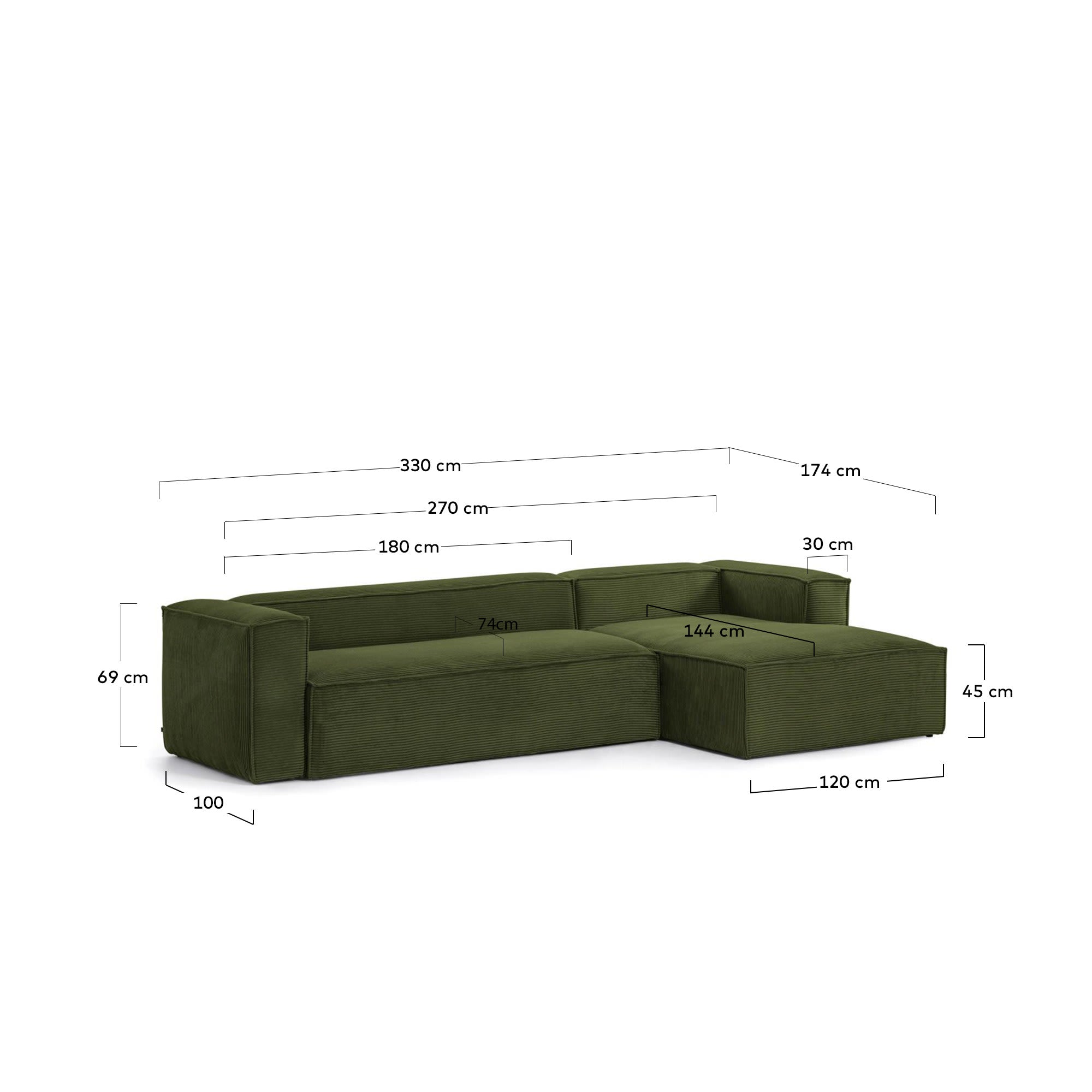 Elegantes 4-Sitzer-Sofa Blok mit rechter Chaiselongue, dickem, grünem Cord und nachhaltigem FSC Mix Credit – ideal für stilvolle Entspannung!