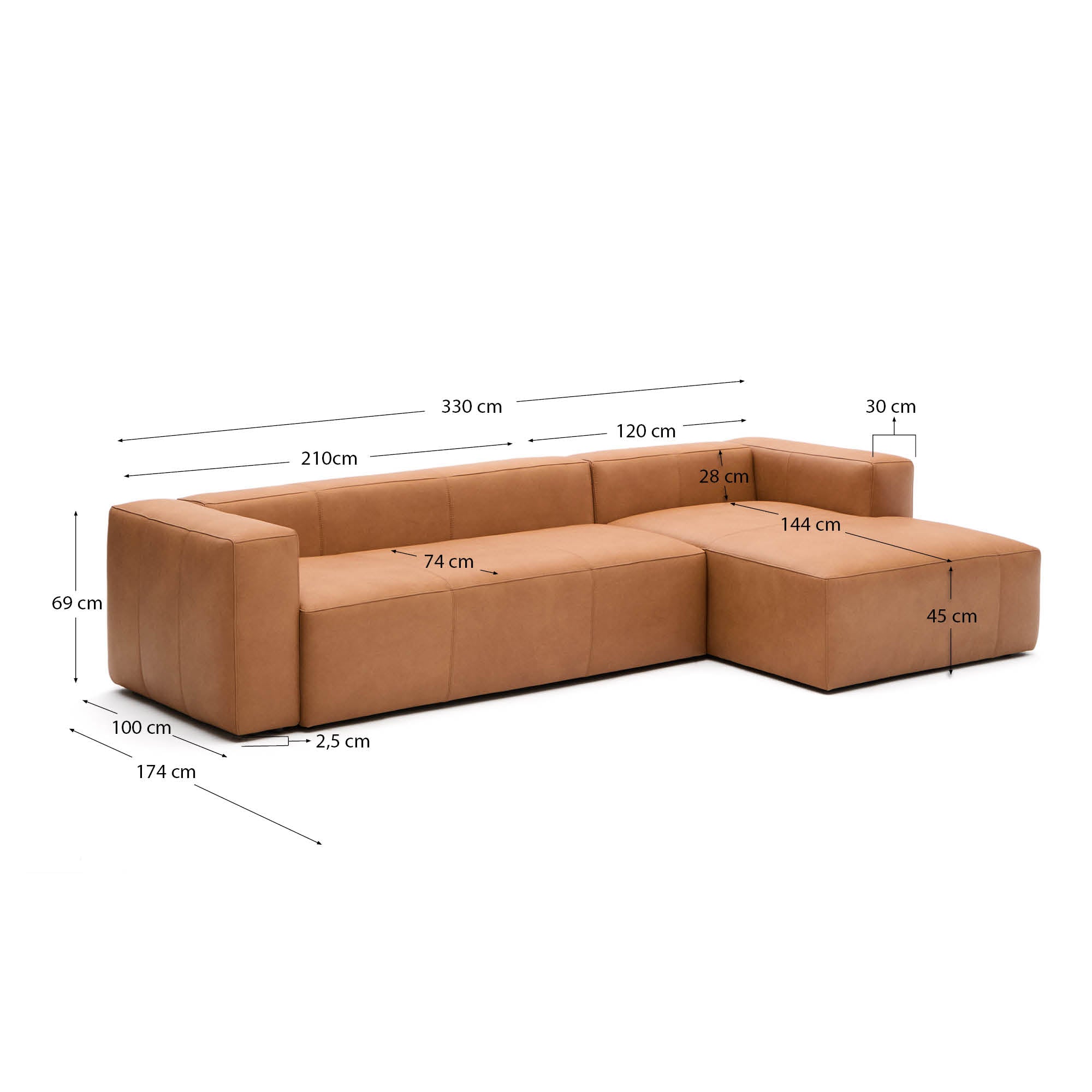 Sofa Blok aus braunem Leder 4-Sitzer Chaiselongue rechts aus Leder 330 cm in Braun präsentiert im Onlineshop von KAQTU Design AG. 4er Sofa ist von Kave Home