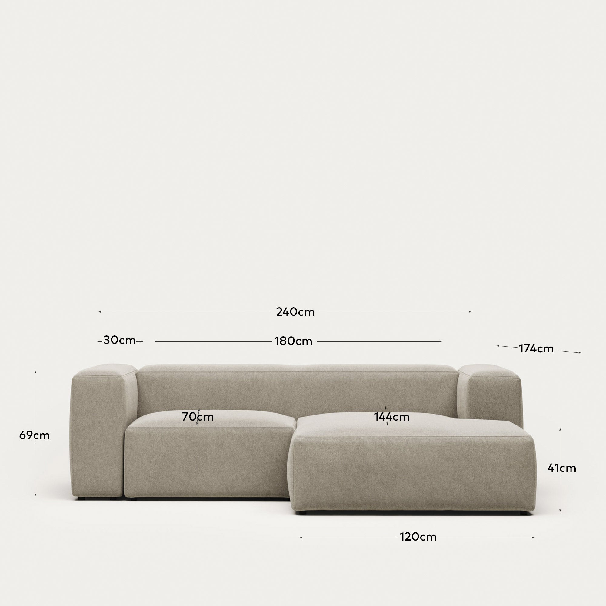 2-Sitzer-Sofa Blok mit Chaiselongue rechts, schwer entflammbar mit beiger Chenille, 240 cm in Beige präsentiert im Onlineshop von KAQTU Design AG. 2er Sofa ist von Kave Home