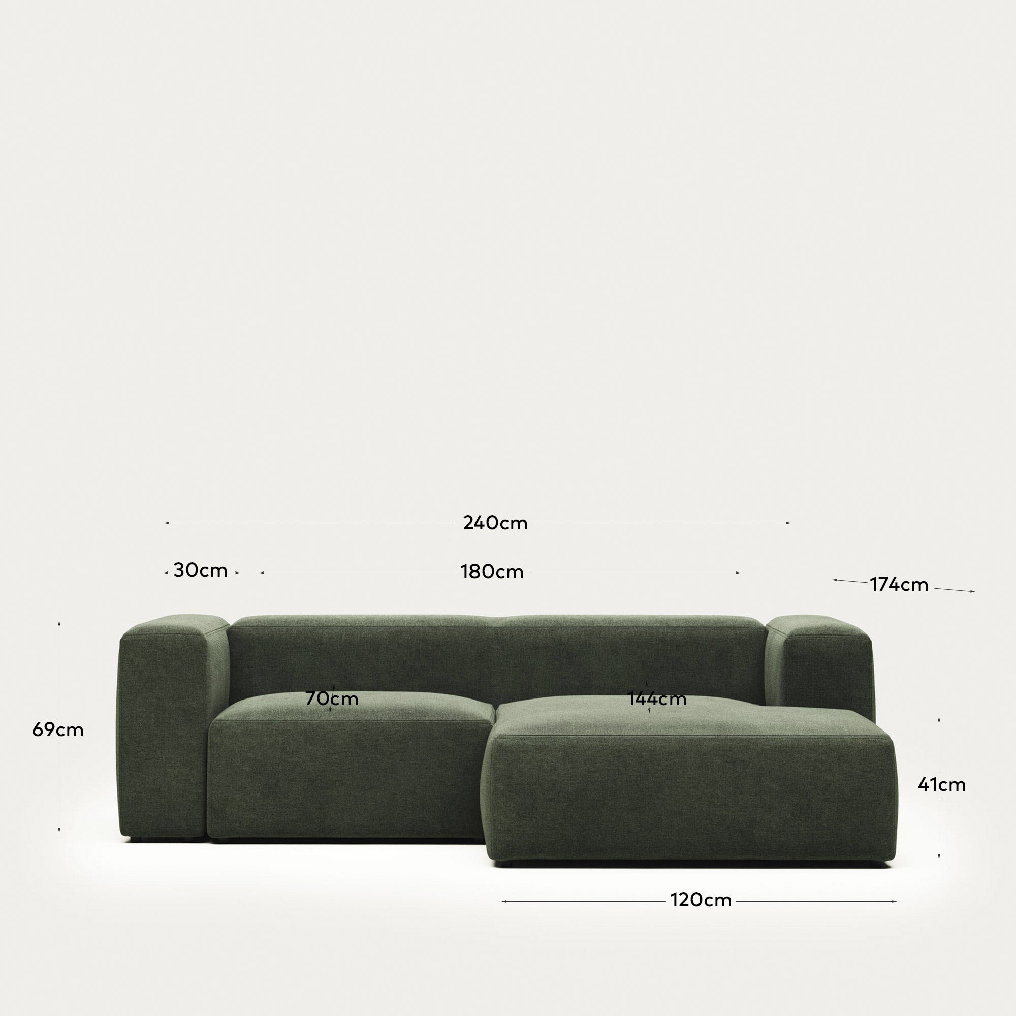 2-Sitzer-Sofa Blok mit Chaiselongue rechts, schwer entflammbar mit grüner Chenille, 240 cm in Grün präsentiert im Onlineshop von KAQTU Design AG. 2er Sofa ist von Kave Home