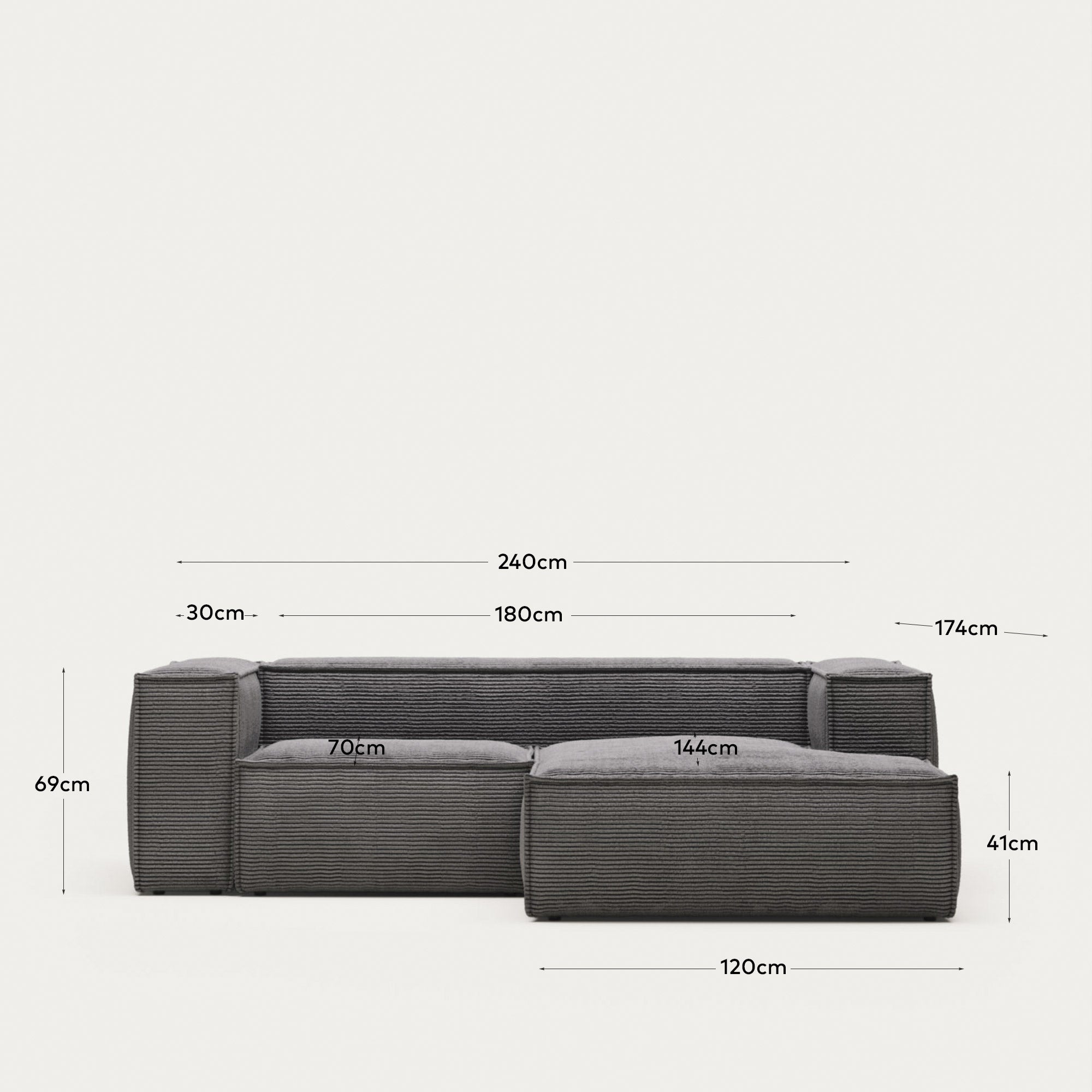 Stylisches 2-Sitzer-Sofa mit rechter Chaiselongue aus grauem Cord, 240 cm, bietet höchsten Komfort und umweltfreundliche Materialien für Ihr Wohnzimmer.