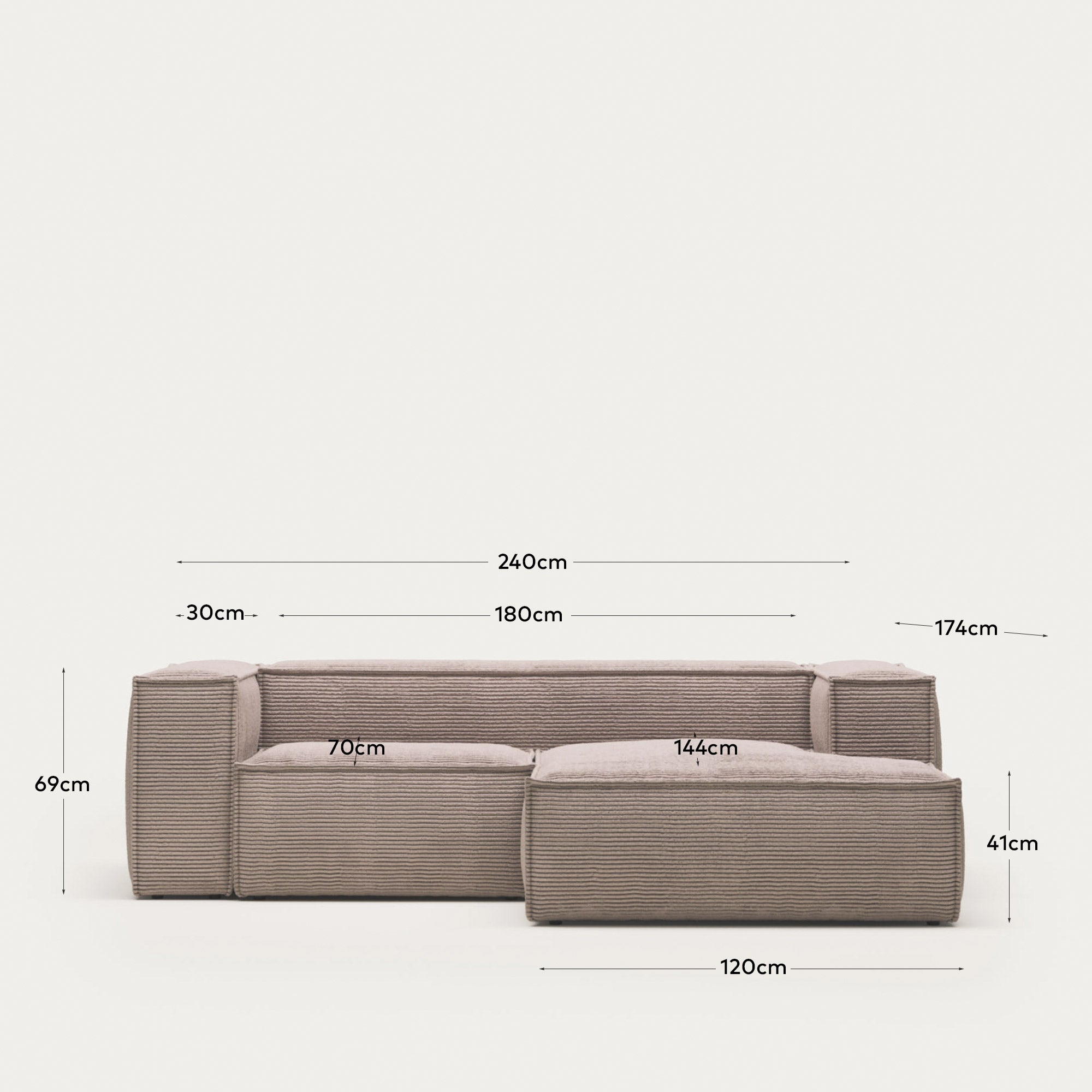 Stylisches Blok 2-Sitzer-Sofa mit rechter Chaiselongue in zartem rosa Cord, 240 cm, bietet optimalen Komfort und setzt Akzente in jedem Wohnzimmer.