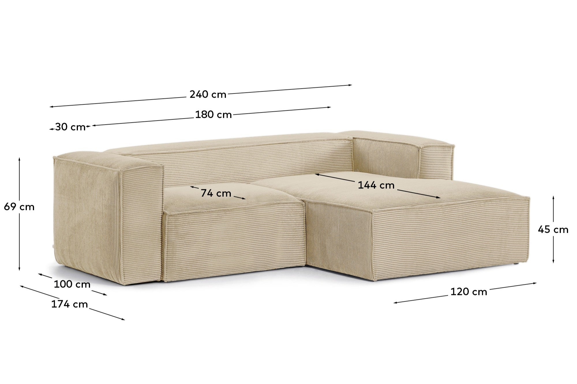 Gemütliches 2-Sitzer-Sofa Blok in natürlichem Cord, ausgestattet mit einer komfortablen Chaiselongue auf der rechten Seite, ideal für entspannte Stunden.