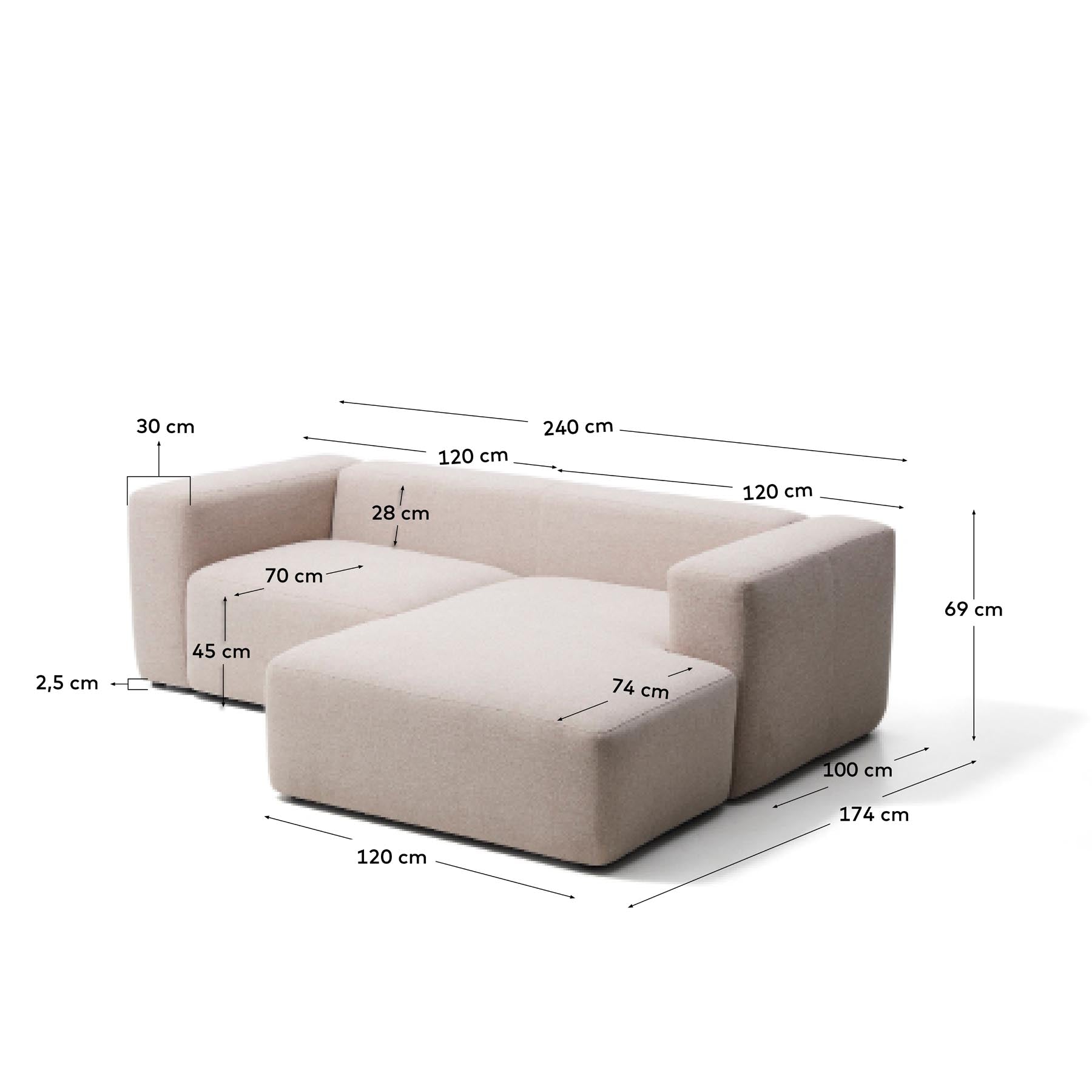 2-Sitzer-Sofa Blok mit Chaiselongue rechts in beiger Chenille, 240 cm, FSC Mix Credit in Beige präsentiert im Onlineshop von KAQTU Design AG. L-Sofa rechts ist von Kave Home