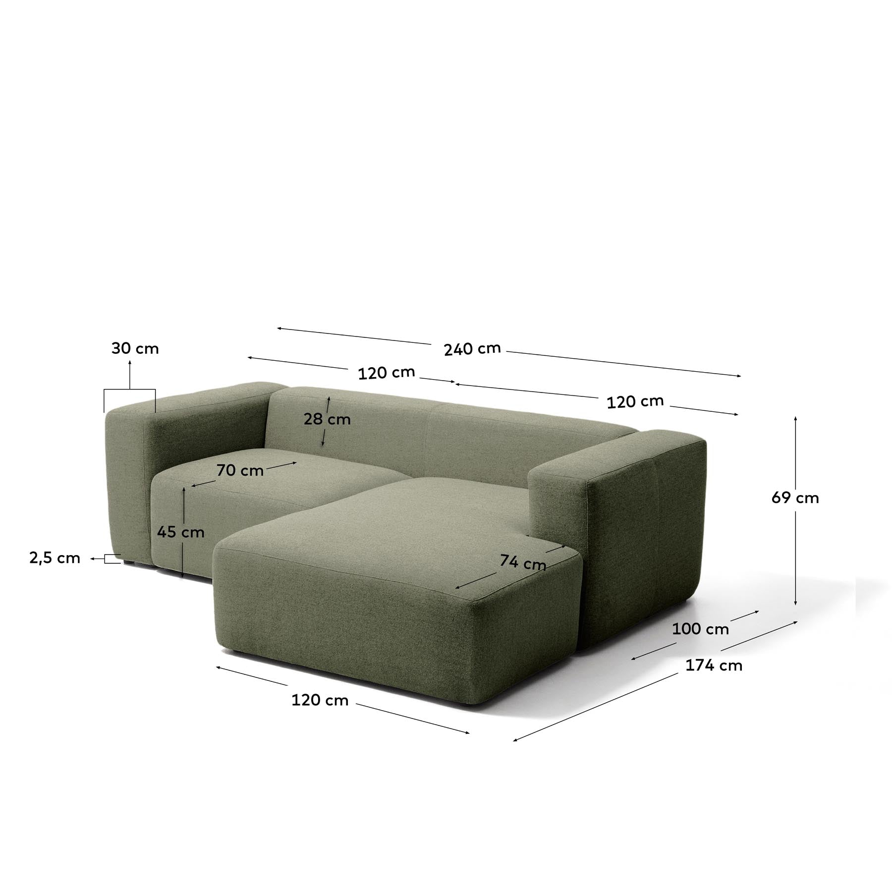 2-Sitzer-Sofa Blok mit Chaiselongue rechts in moosgrüner Chenille, 240 cm, FSC Mix Credit in Grün präsentiert im Onlineshop von KAQTU Design AG. L-Sofa rechts ist von Kave Home