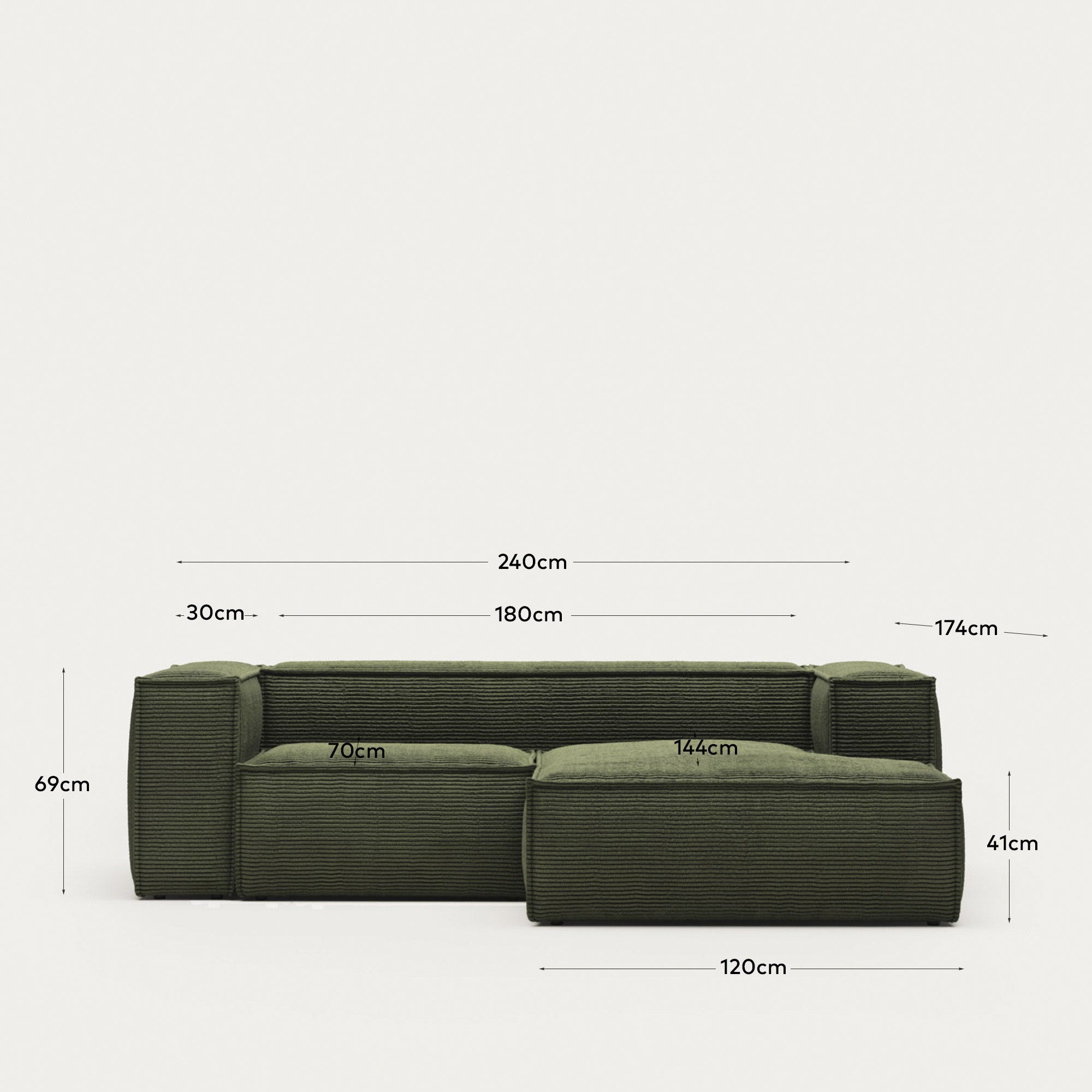 2-Sitzer-Sofa Blok mit Chaiselongue rechts, schwer entflammbar mit dickem, grünen Cord, 240 cm, FSC Mix Credit in Grün präsentiert im Onlineshop von KAQTU Design AG. 2er Sofa ist von Kave Home