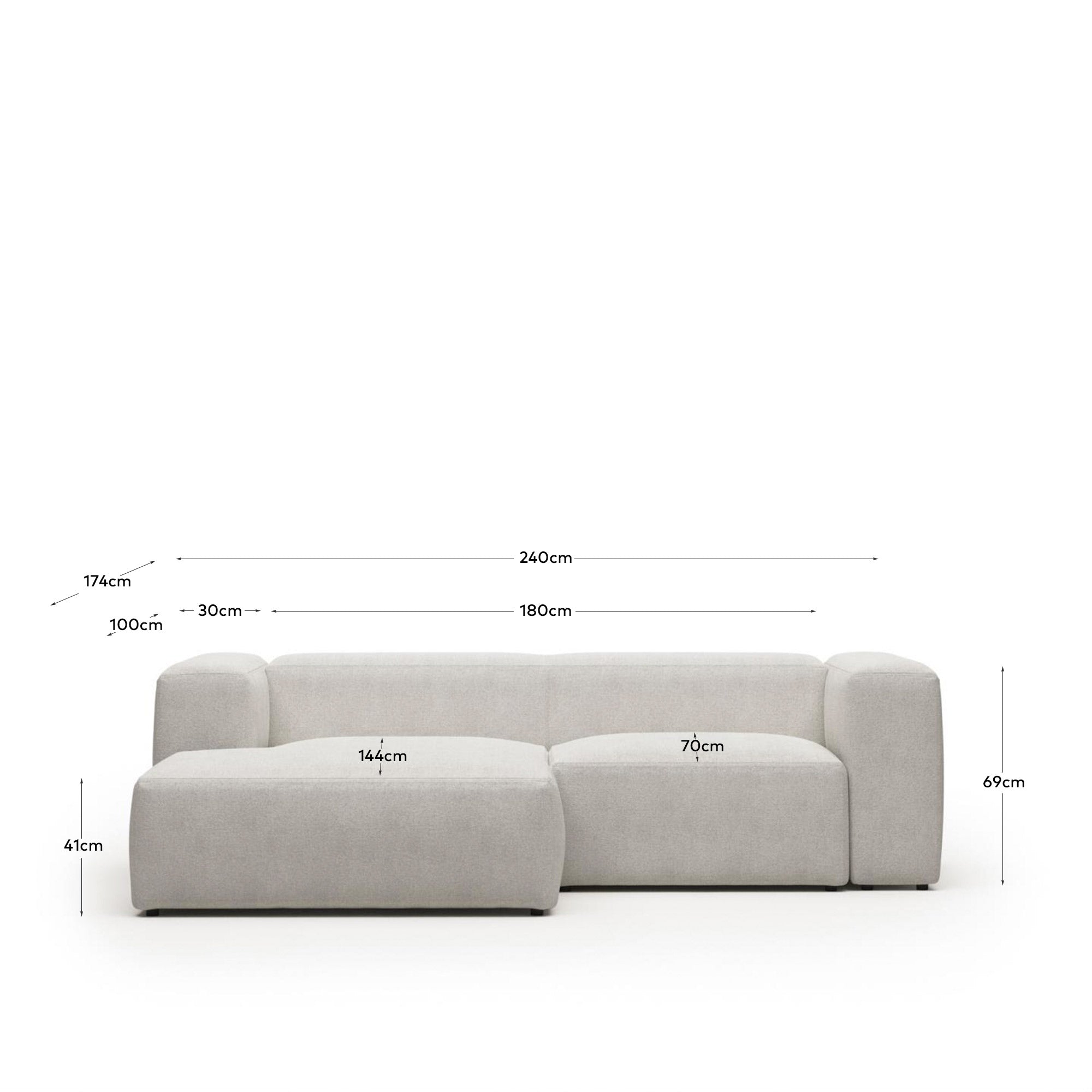 2-Sitzer-Sofa Blok mit Chaiselongue links, schwer entflammbar mit weissem Lammfellimitat, 240 cm, FSC Mix Credit in Grau präsentiert im Onlineshop von KAQTU Design AG. 2er Sofa ist von Kave Home